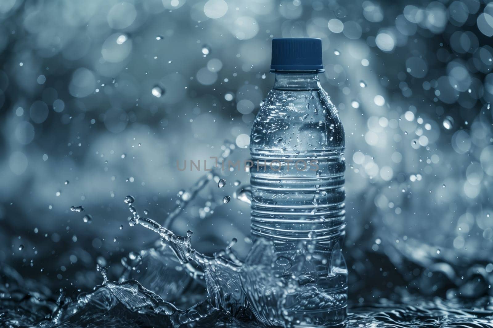 A plastic bottle filled with drinking water is spilling liquid onto the ground, creating a small splash