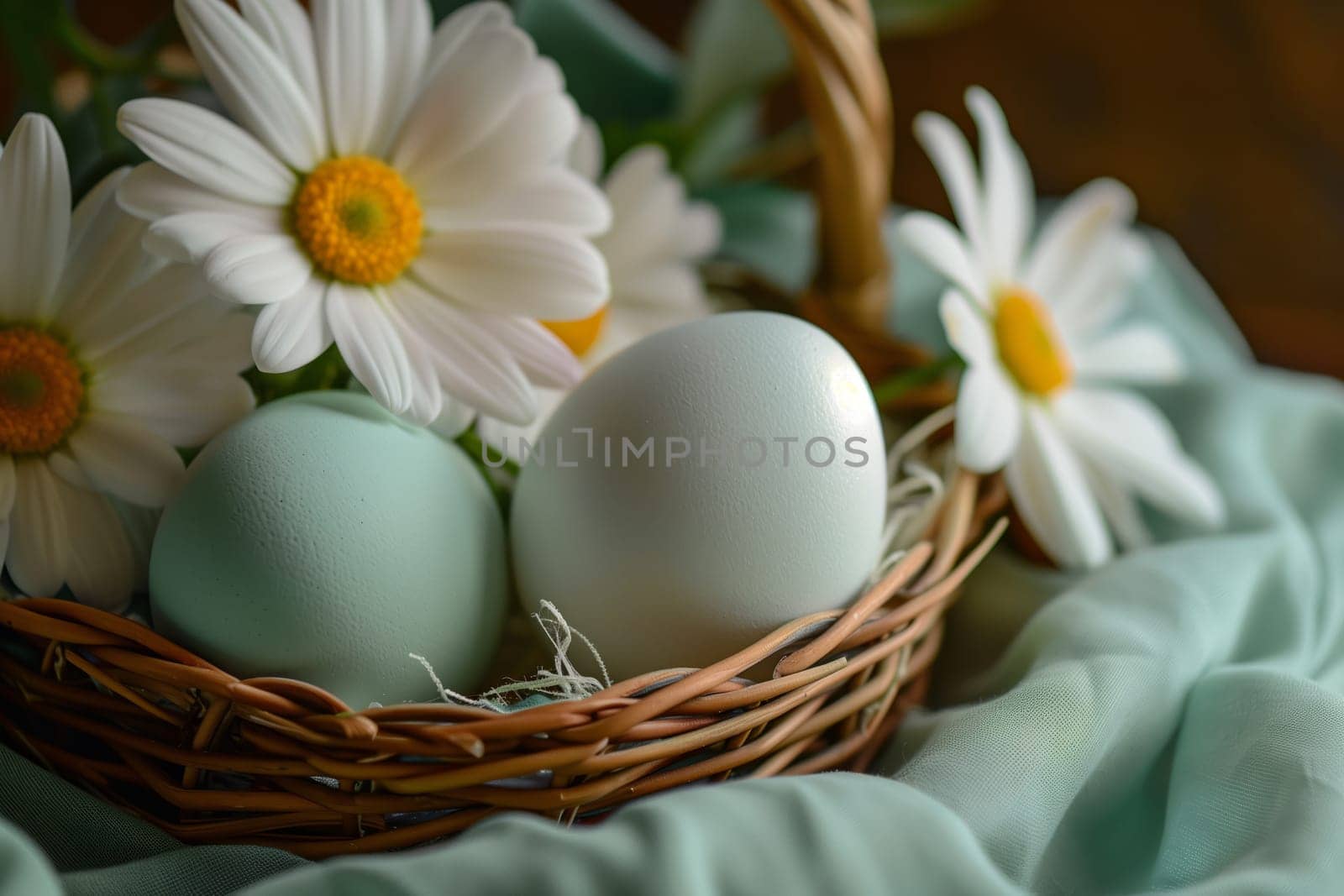 A charming basket with a bird nest, filled with delicate eggs, daisies, and petals, resting on a wooden table
