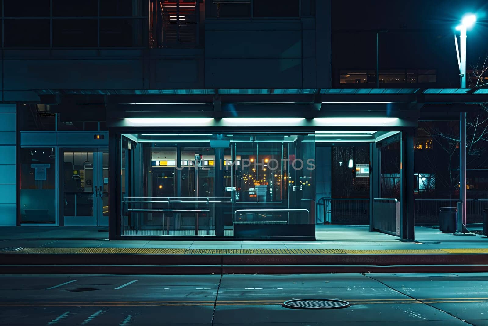 Automotive lighting illuminates bus stop in front of building at midnight by richwolf