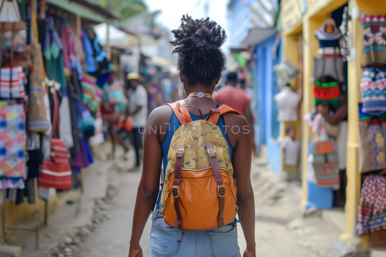 A stylish woman with an orange backpack is strolling down a bustling city street, browsing through the textile market for trendy items