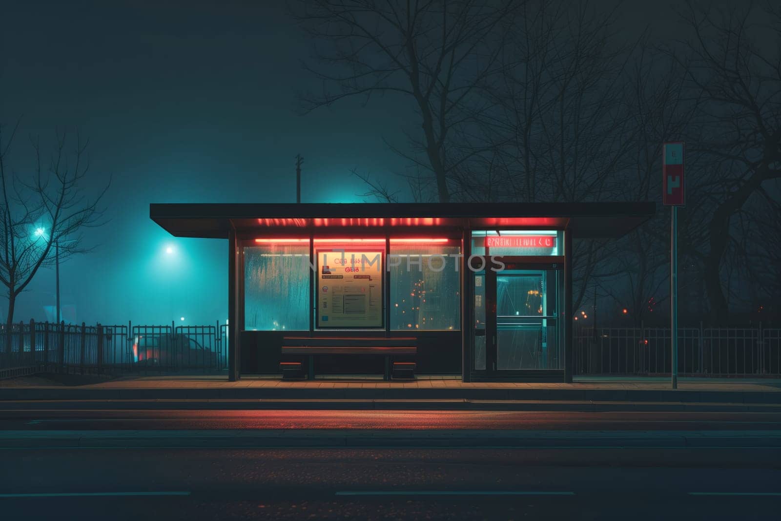 A bus stop at midnight, bathed in electric blue light with a bench in front by richwolf