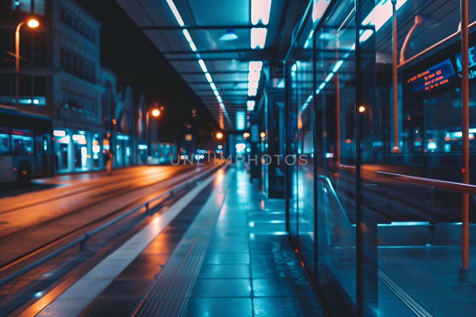 An electric blue train arrives at a symmetrically designed train station in the city, illuminated by automotive lighting and the glow of electricity, in a bustling metropolitan area at night