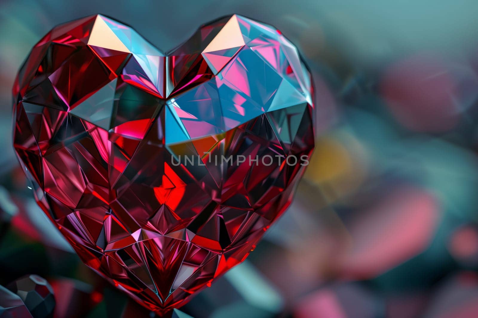 A closeup of a red heartshaped diamond with a creative arts pattern resembling petals in magenta and electric blue, showcasing craft and symmetry as an ornate ornament