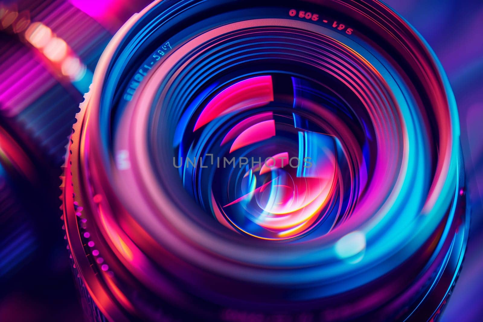 A close up of a camera lens against a colorful background with shades of purple, pink, violet, magenta, and electric blue, resembling a swirling liquid or gas in a circular pattern