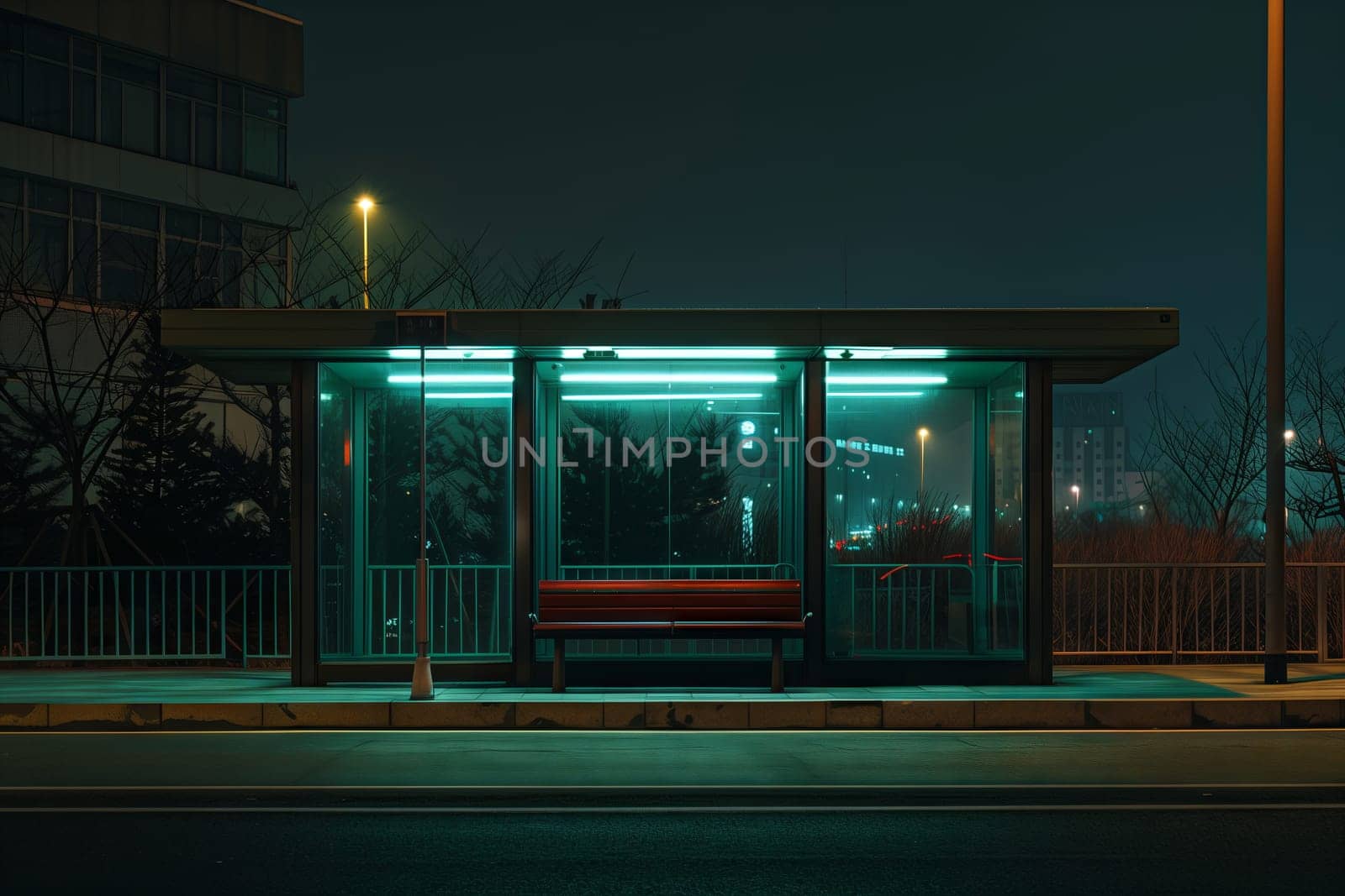 A bus stop at midnight with a red bench, neon lights, and electric blue automotive lighting. The building facade is dark, with a glowing gas station sign nearby