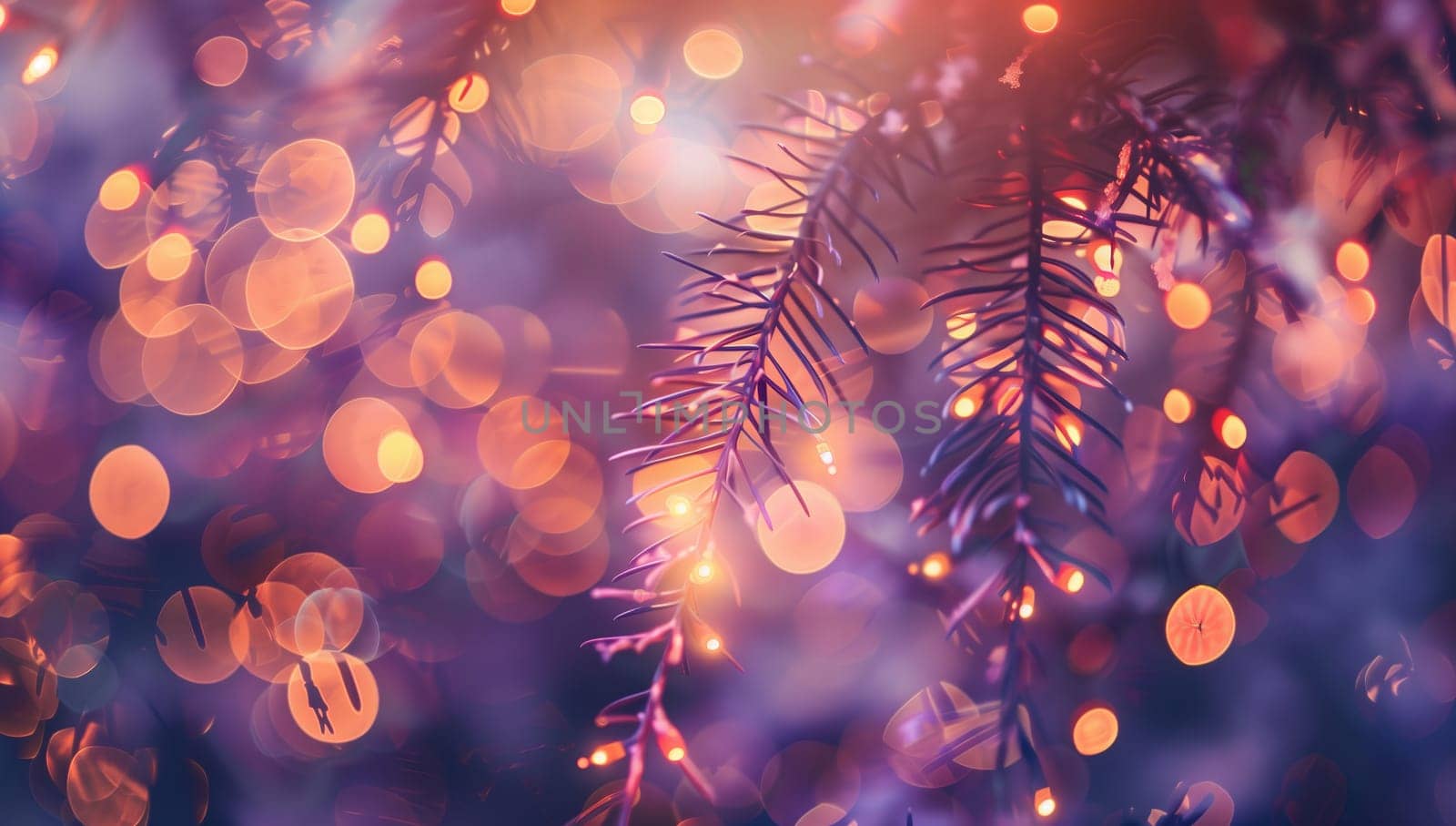 A closeup of a Christmas tree, a terrestrial plant, adorned with electric blue and magenta lights creating a beautiful pattern. It is a festive event symbolizing the holiday season