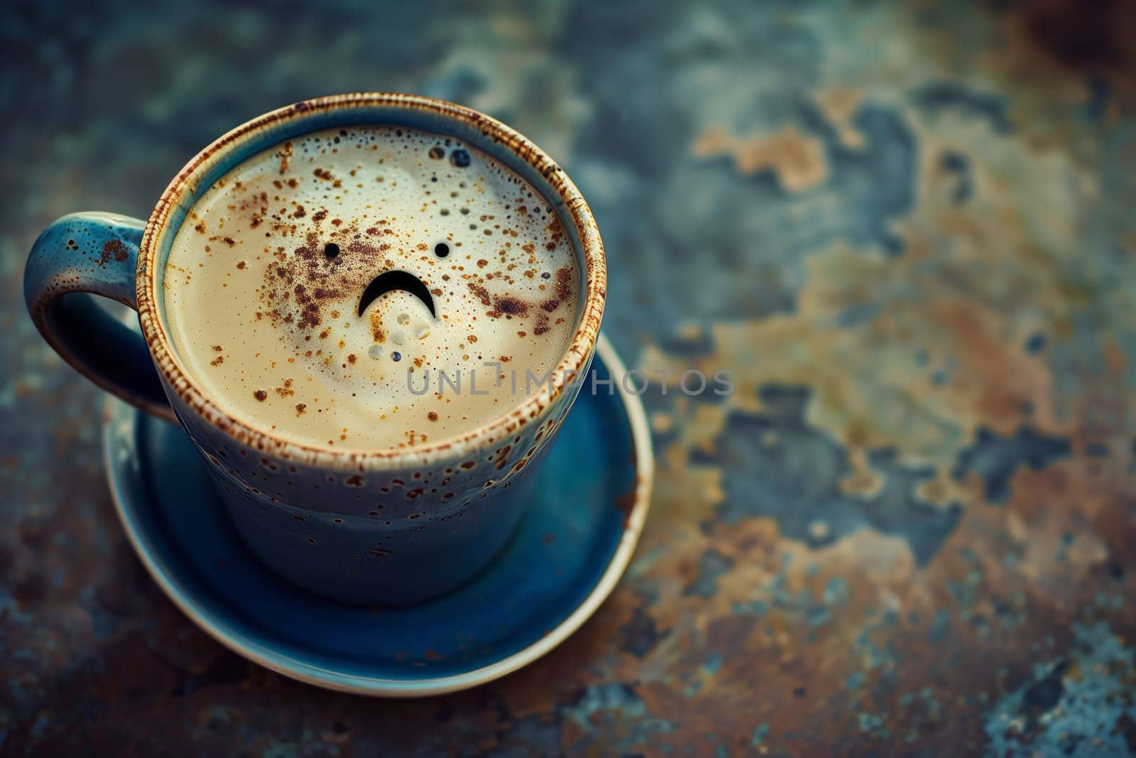 A coffee cup with a smiley face drawn on it is placed on a saucer on a table, ready to be enjoyed. The liquid inside is tempting and inviting