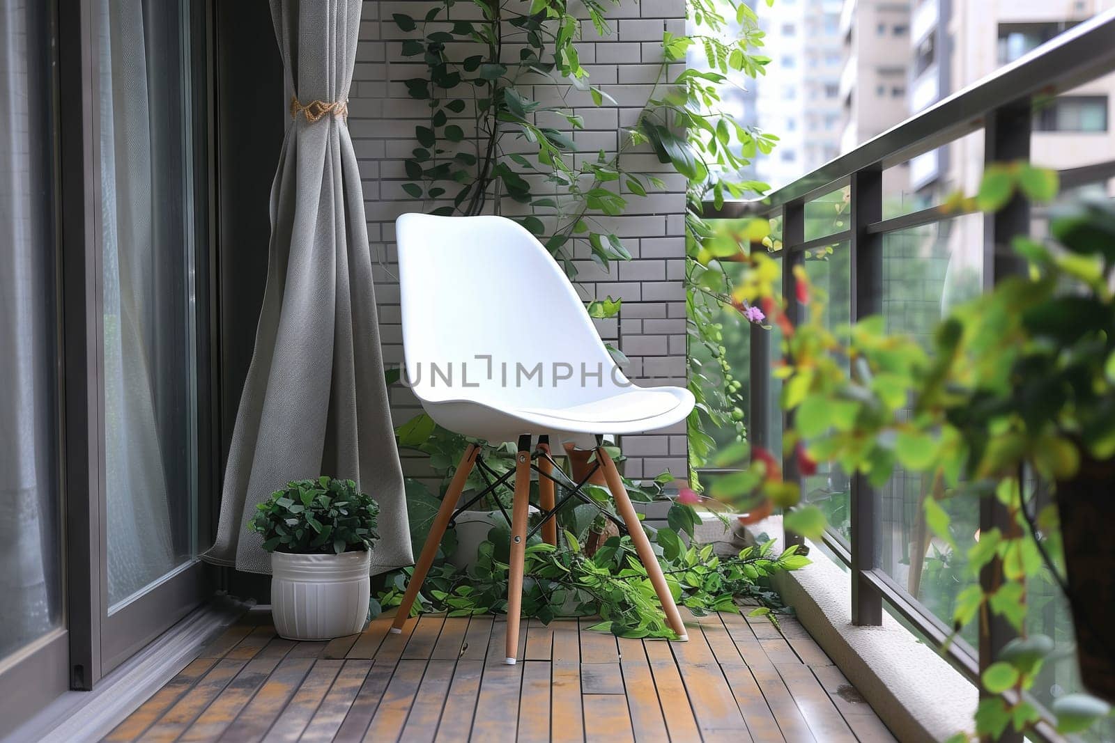 A white chair and a potted plant are placed on a balcony overlooking a grassy yard. The wooden fixture complements the interior design, providing a cozy spot to relax in the shade