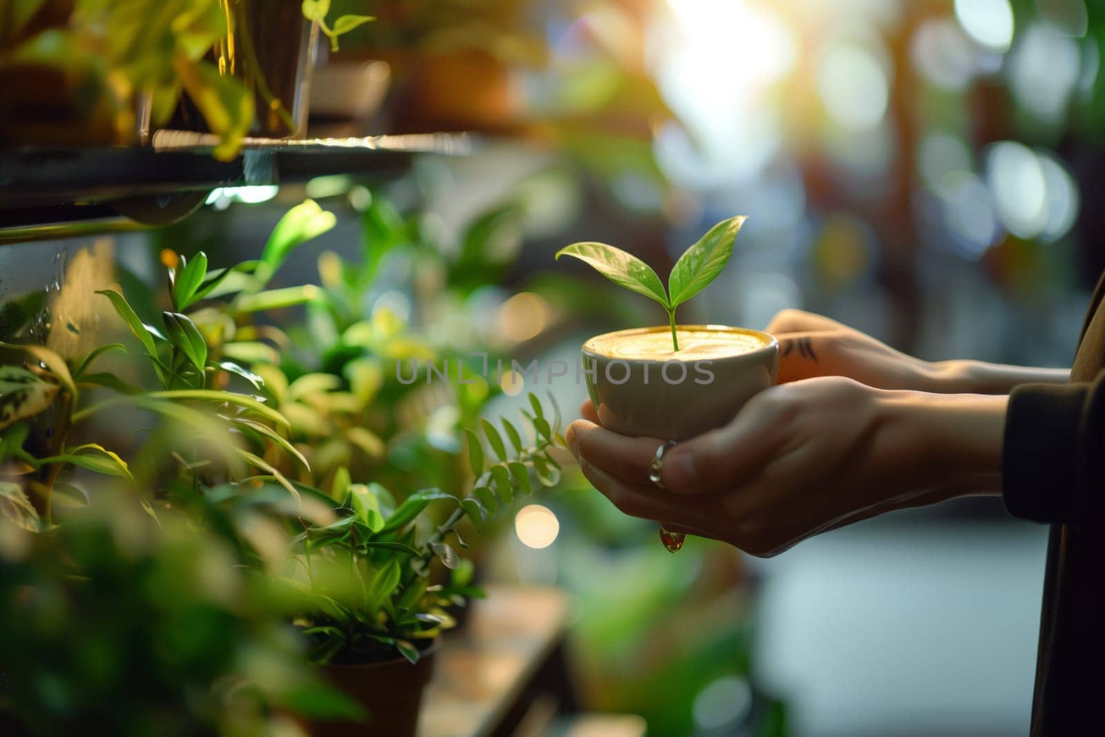 The person is holding a small terrestrial plant in a flowerpot with their thumb. The plant needs sunlight, soil, and care to grow healthy as a houseplant or in a landscape