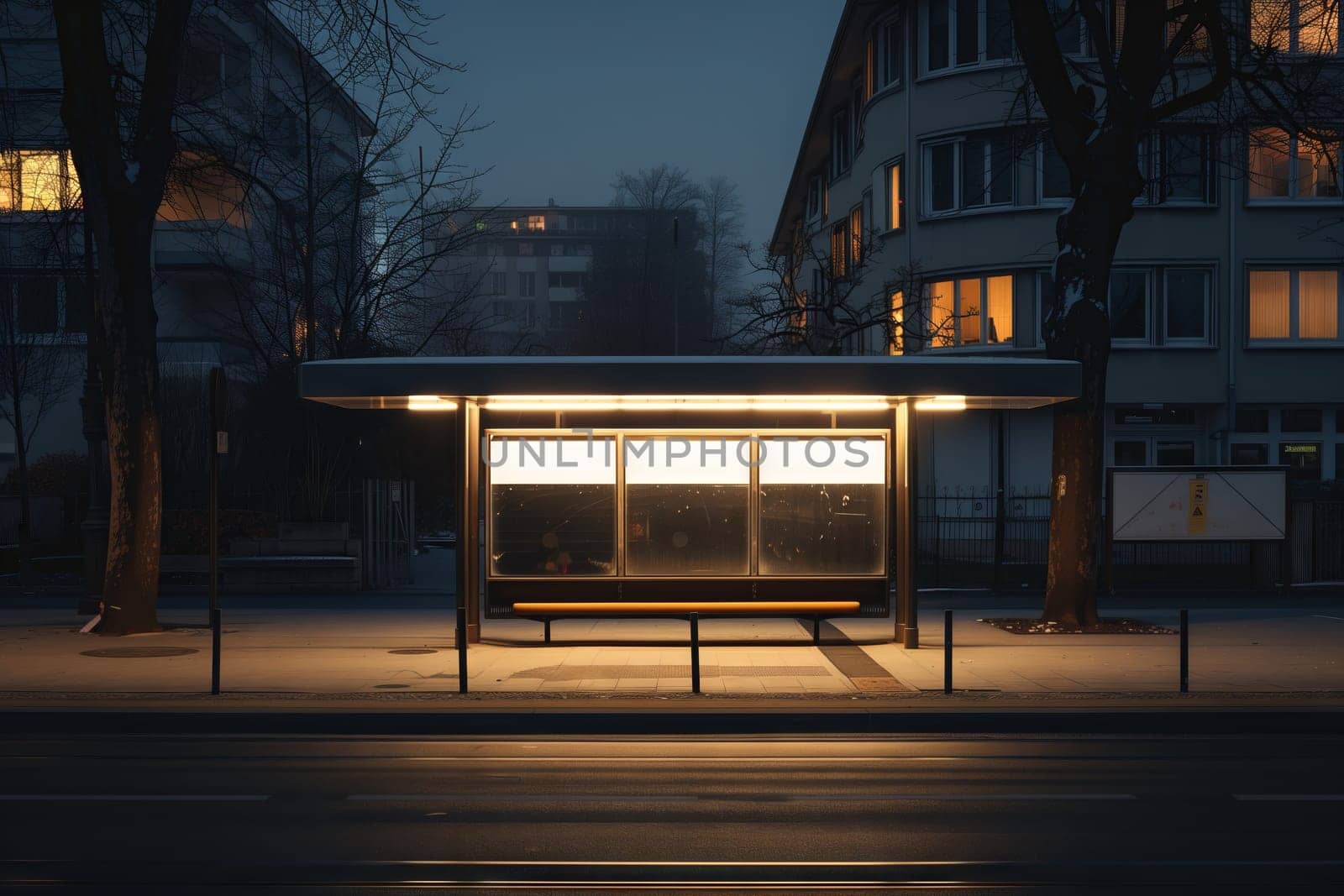 A bus stop on the side of the road is illuminated by the city lights at midnight, casting a glow on the asphalt and highlighting the buildings facade and roof against the darkness