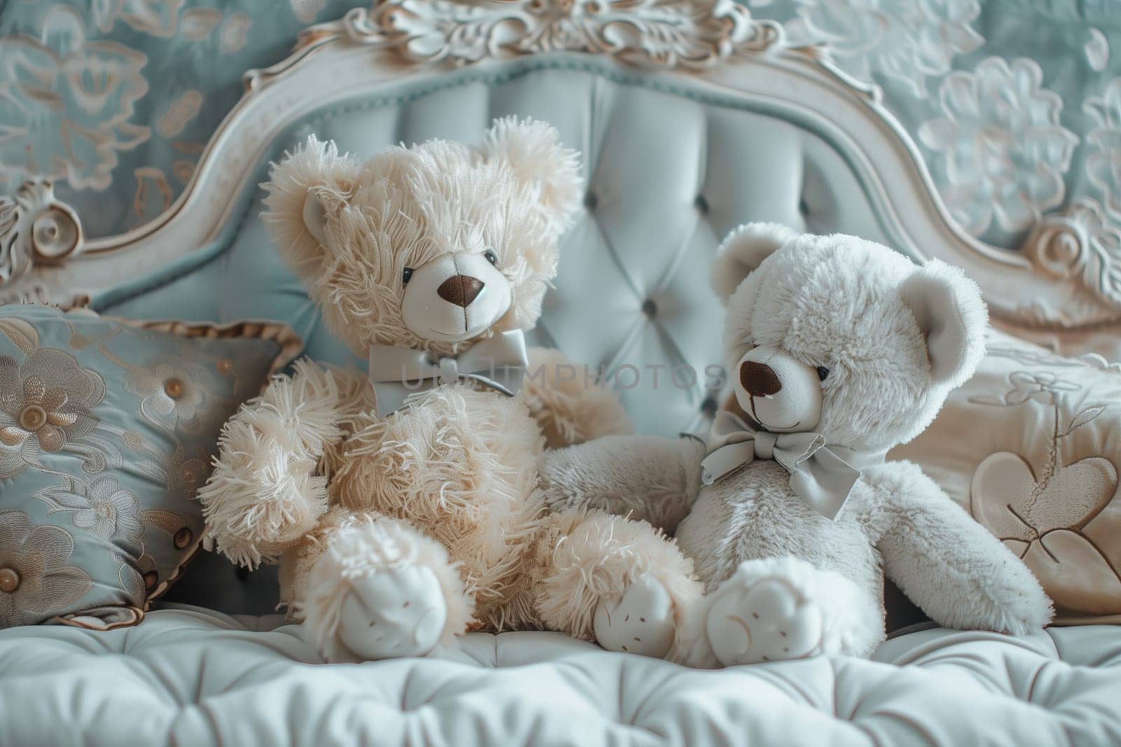 Two stuffed toy bears are sitting on a bed. The carnivore organisms have furry patterns and snouts, resembling terrestrial animals in the wildlife