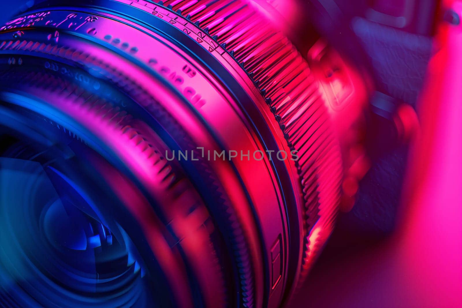 A camera lens up close, with vibrant purple and blue lights in the background, creating an atmosphere of entertainment and colorfulness