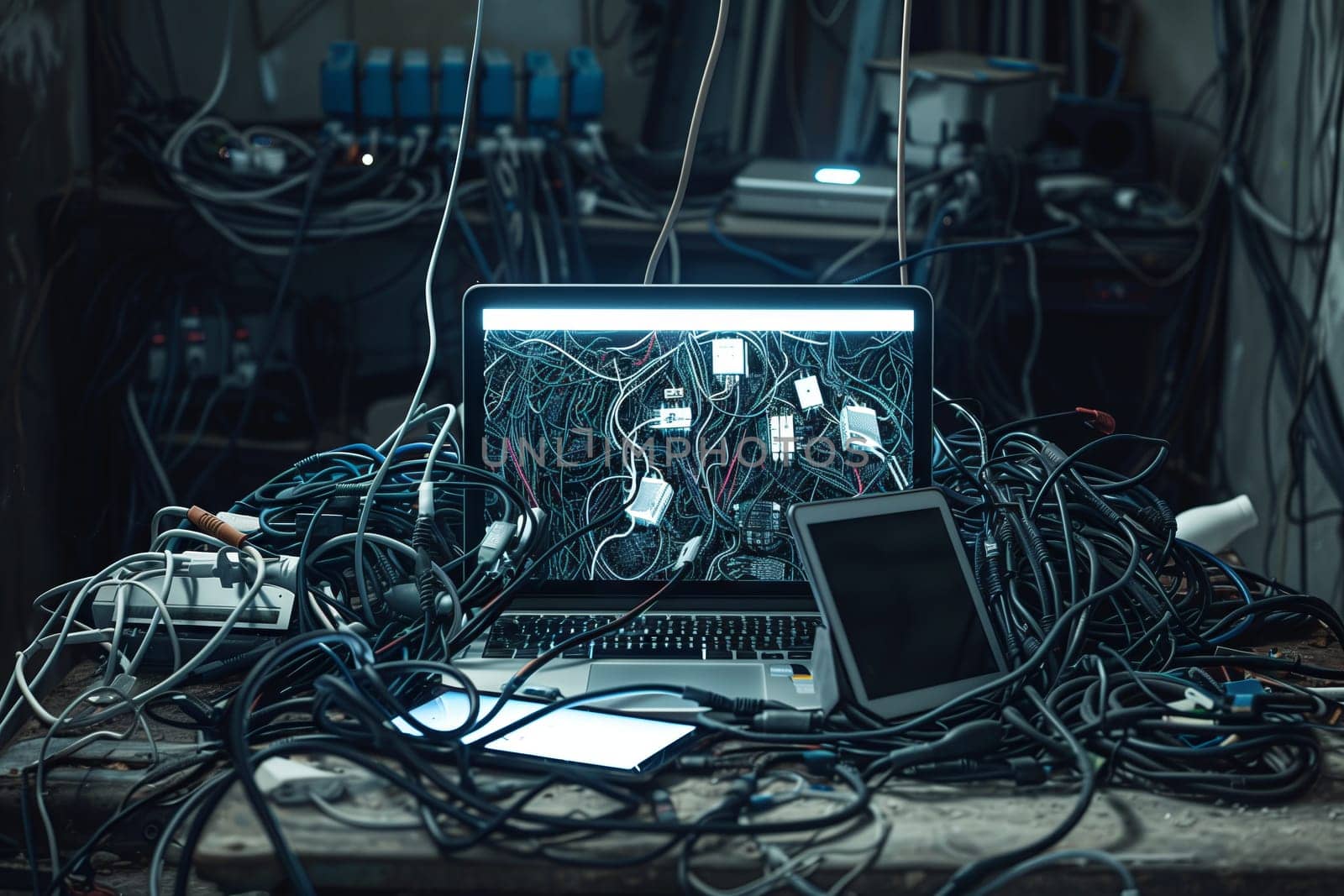 A personal computer is on a cluttered tabletop. Electrical wiring connects the device to a power source, showcasing the blend of engineering and electricity on the desk