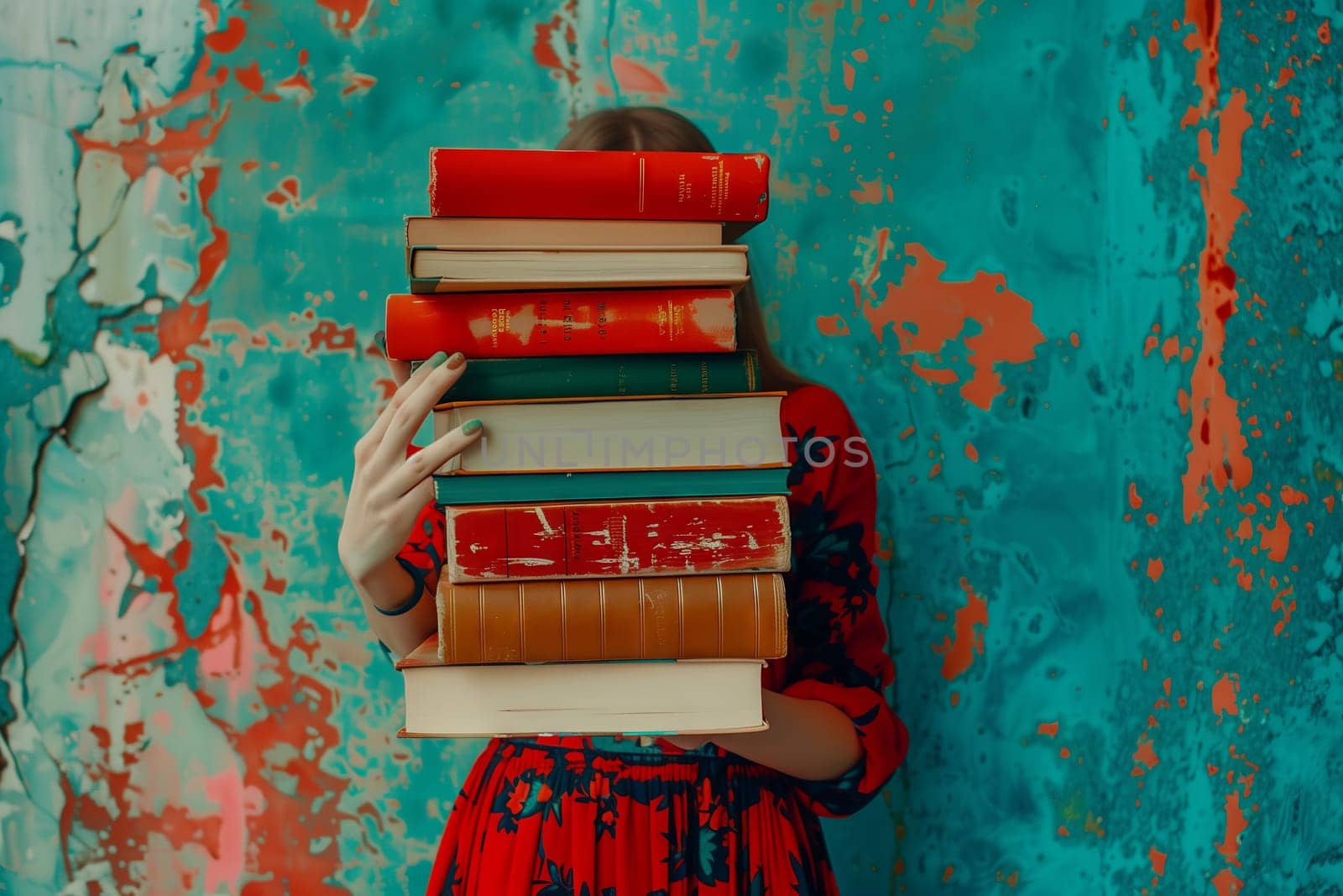 A woman is obscuring her face with a stack of books in shades of aqua and magenta, showcasing a blend of blue and green tints on the textile covers