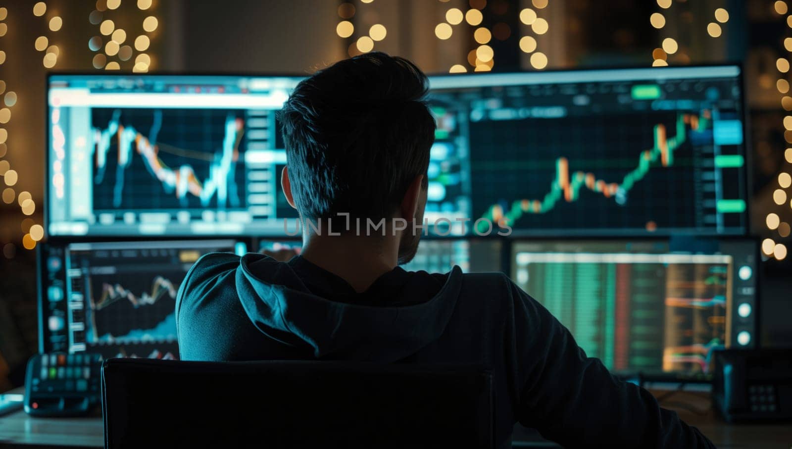 Man sitting in front of a computer screen displaying a graph by richwolf