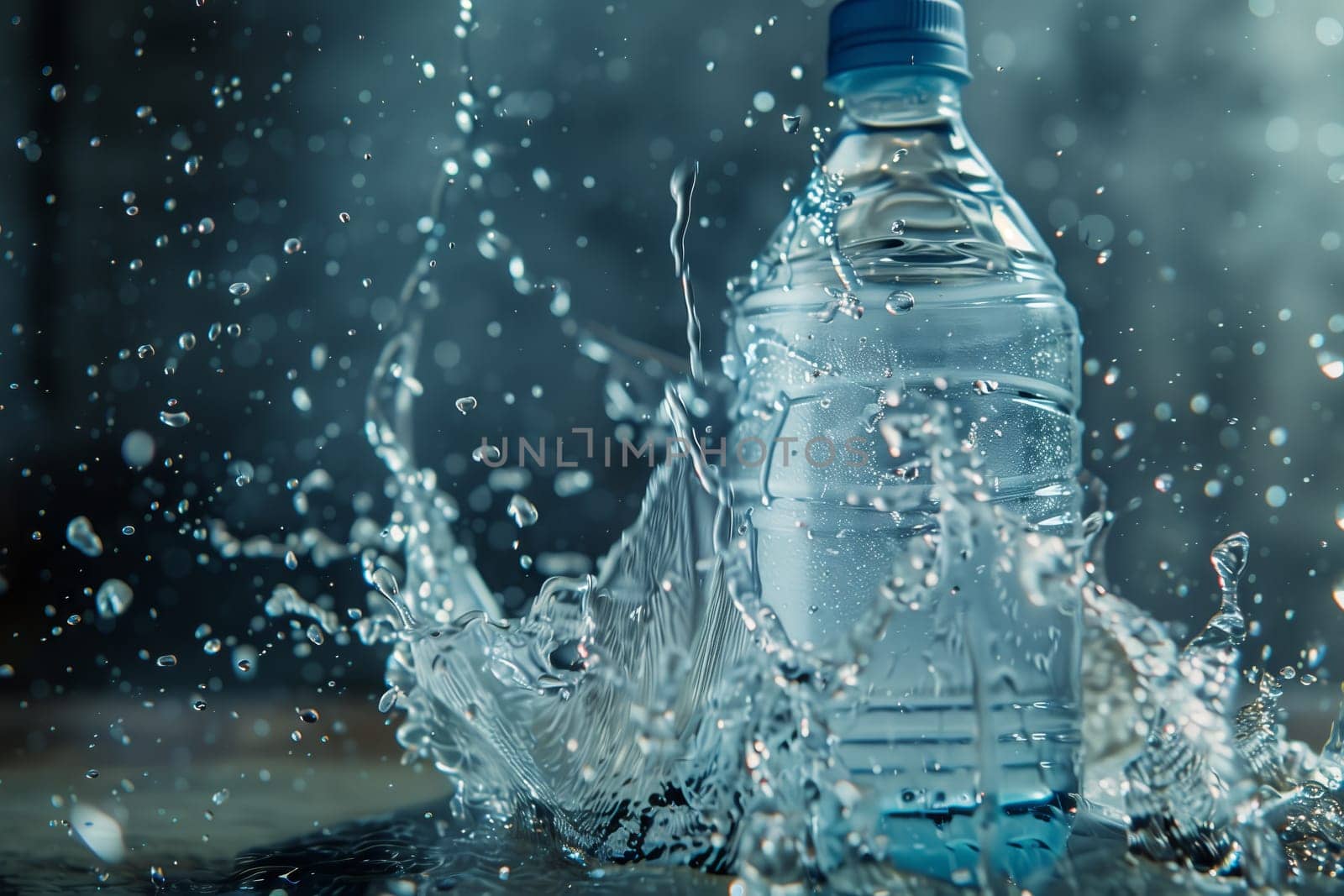 A plastic bottle of water is spilling its liquid contents on a table, creating a small splash. The clear fluid is likely drinking water or mineral water