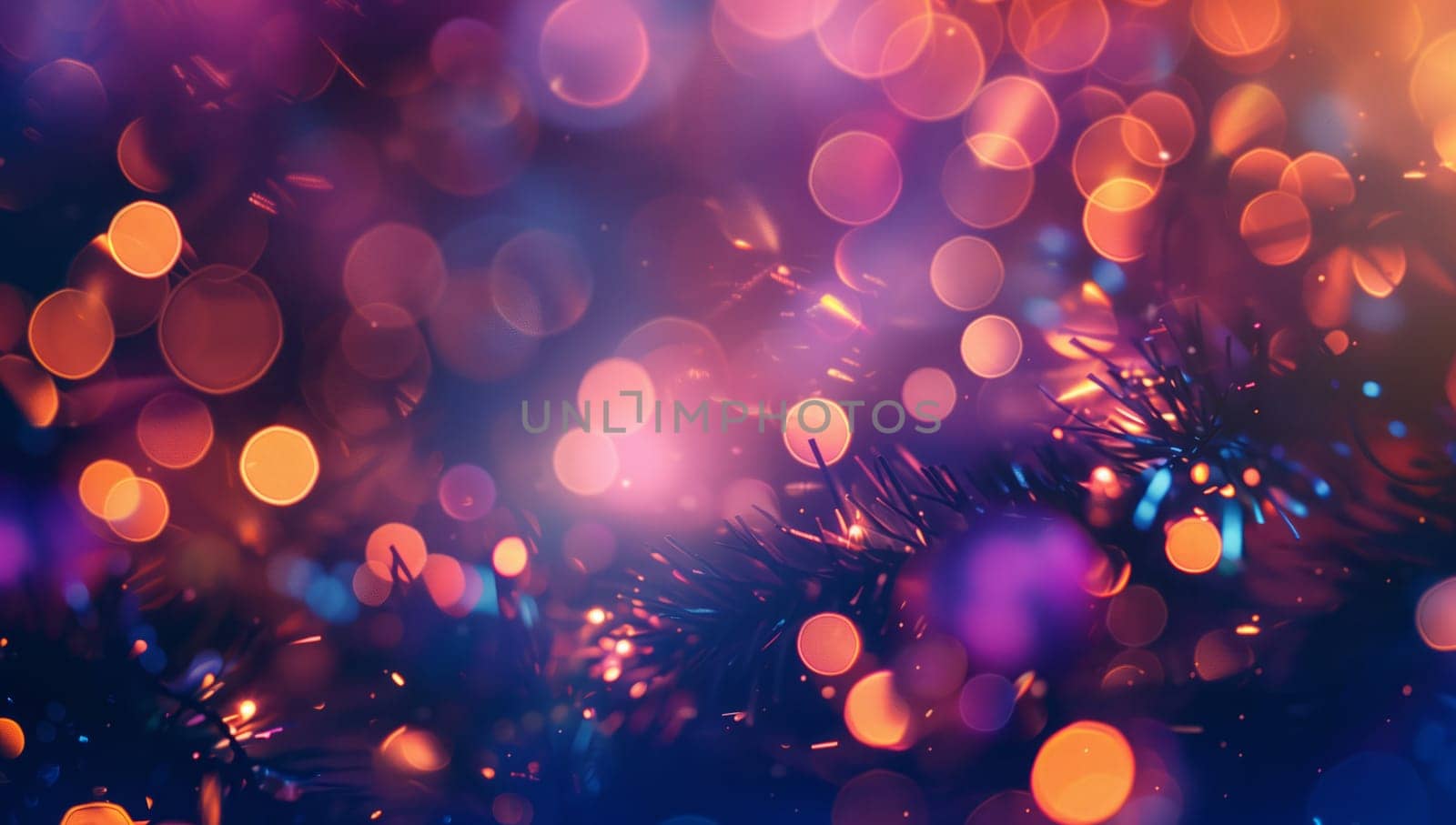 A mesmerizing image featuring a blurry pattern of Christmas lights in shades of violet, magenta, and electric blue on a deep purple background