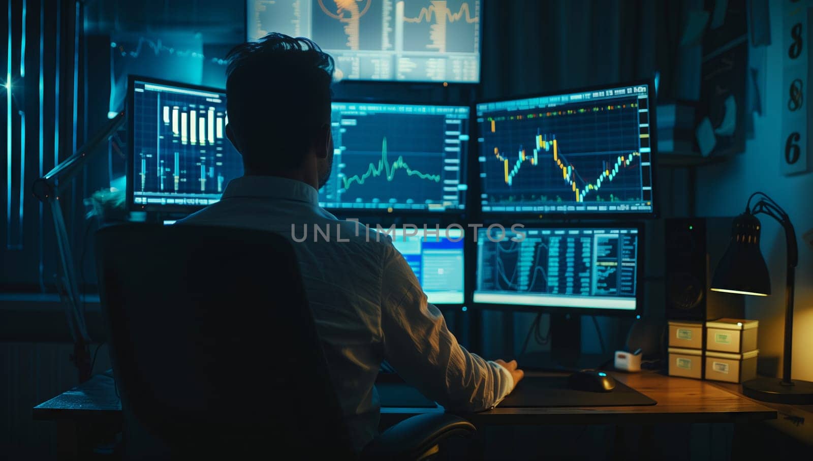 Man seated at desk with 3 computer monitors for multimedia display by richwolf