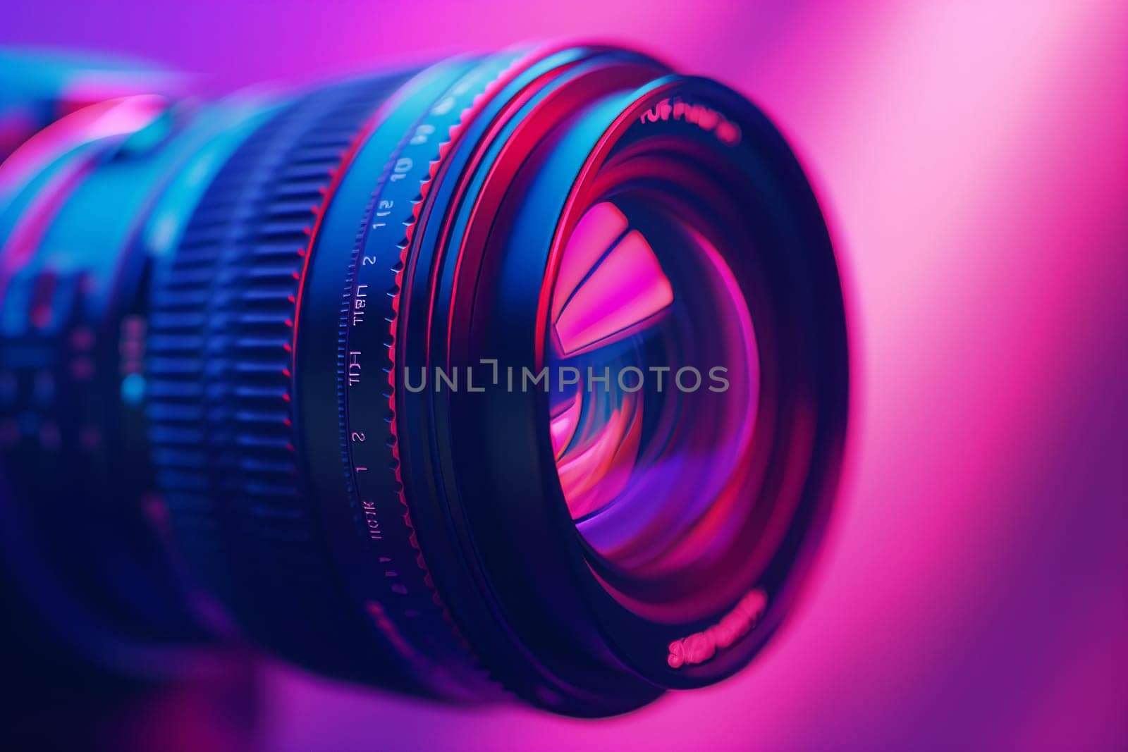 A close up shot of a camera lens against a vibrant purple background, showcasing the colorfulness and beauty of the lens. The image evokes a sense of flash photography and camera accessories