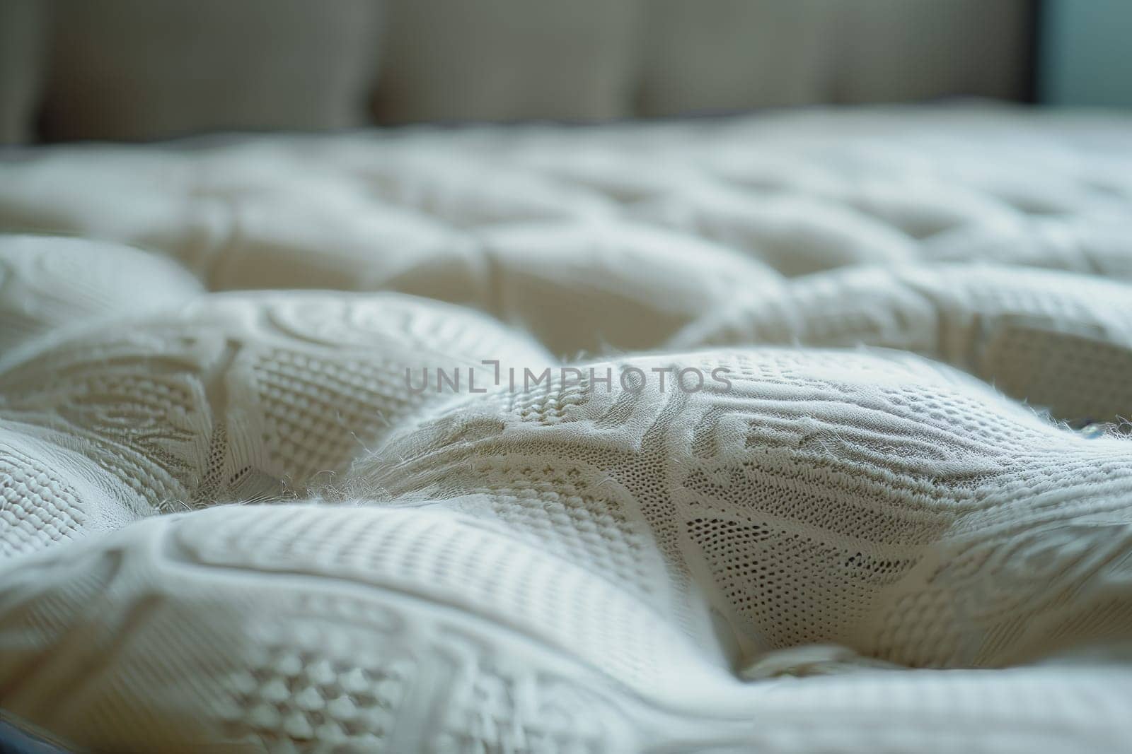 A closeup shot of a grey mattress with handpainted reptile pattern, wooden bed frame, soft wool linens, and a human leg resting comfortably on it