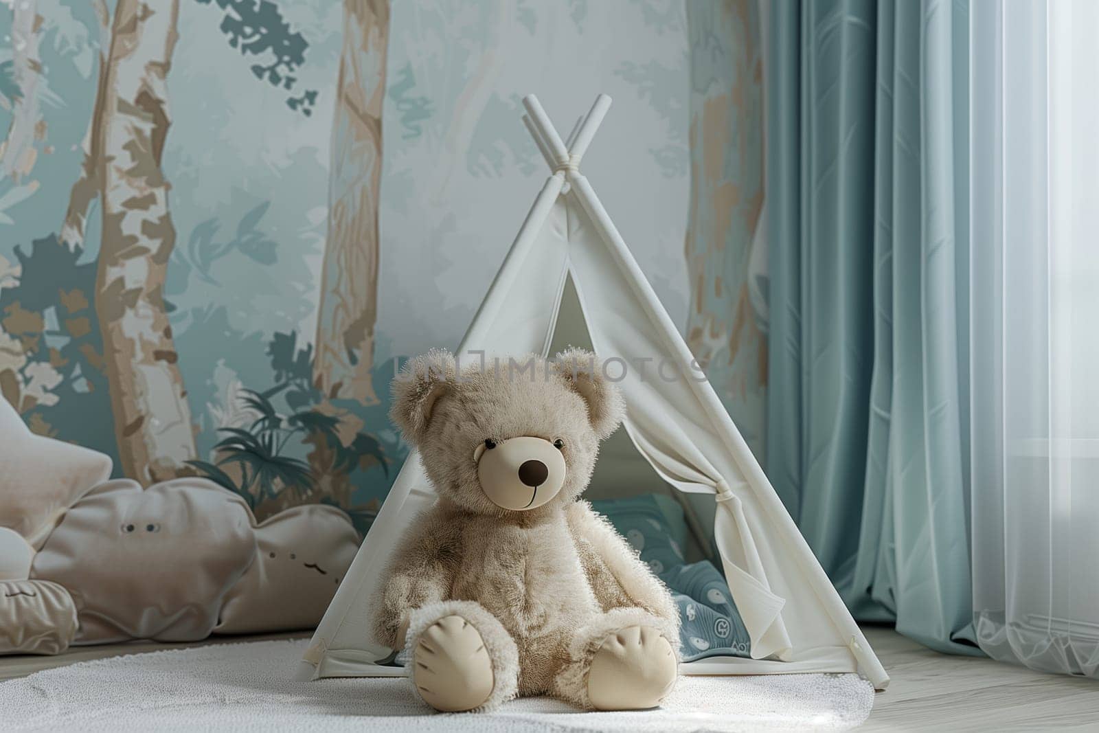 Stuffed teddy bear sits in wooden teepee, smiling and cozy in room by richwolf