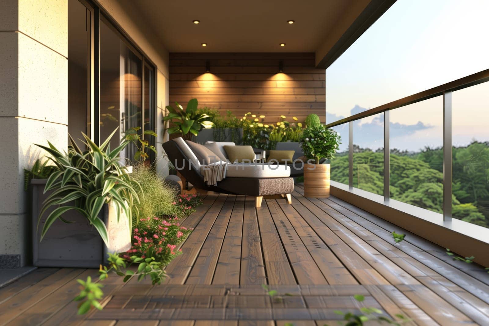 A wooden balcony featuring a chaise lounge and plants, enhancing the interior design of the building with a touch of nature and relaxation