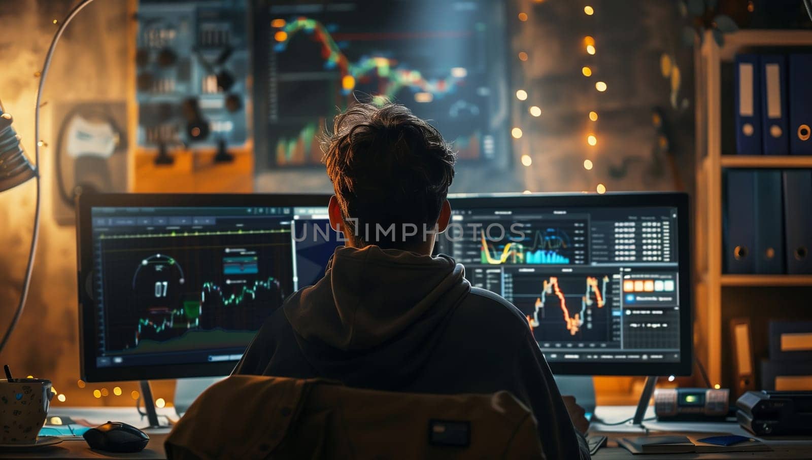 Man sits at desk, facing two computer monitors in a city building by richwolf