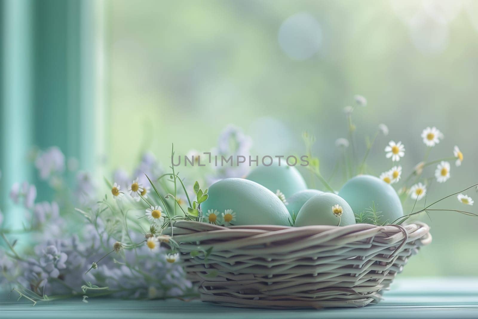 A basket containing Easter eggs and flowers sits on a window sill, showcasing a mix of natural foods and terrestrial plants with colorful fruit and grass family ingredients