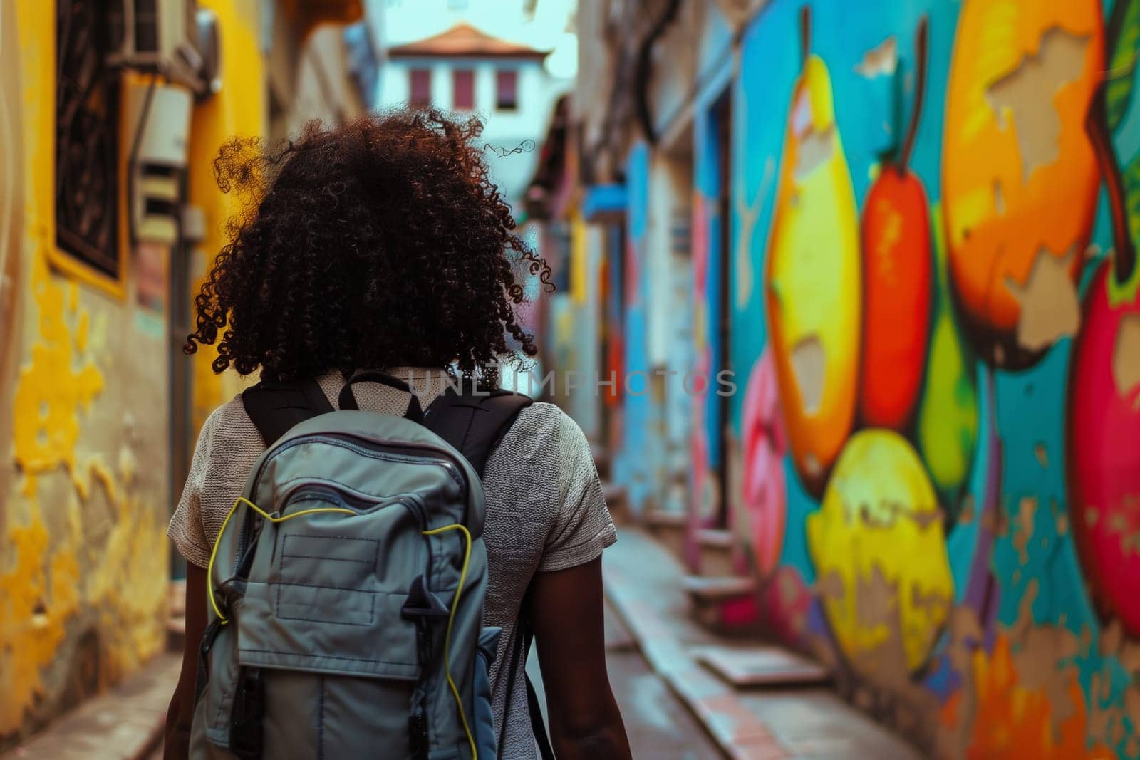 A man wearing a yellow tshirt is strolling down a city alleyway with his travel backpack, enjoying the art and leisure of the narrow road