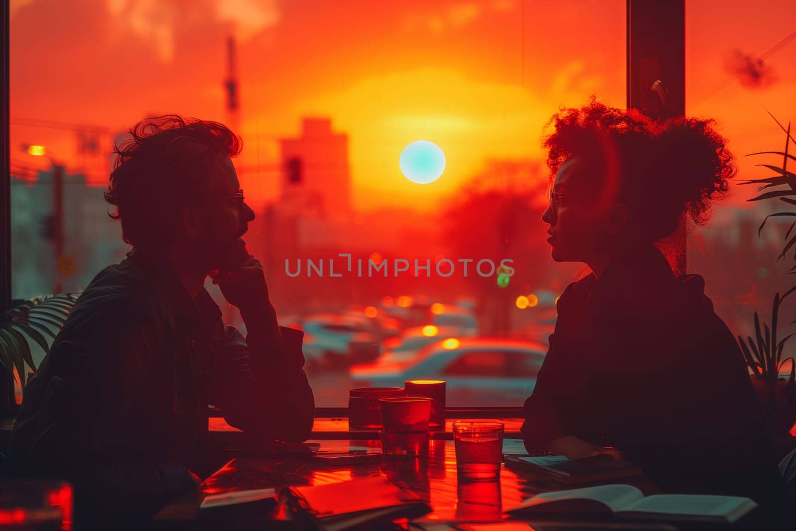 A man and a woman are gazing at each other under the orange sky of the sunset by richwolf