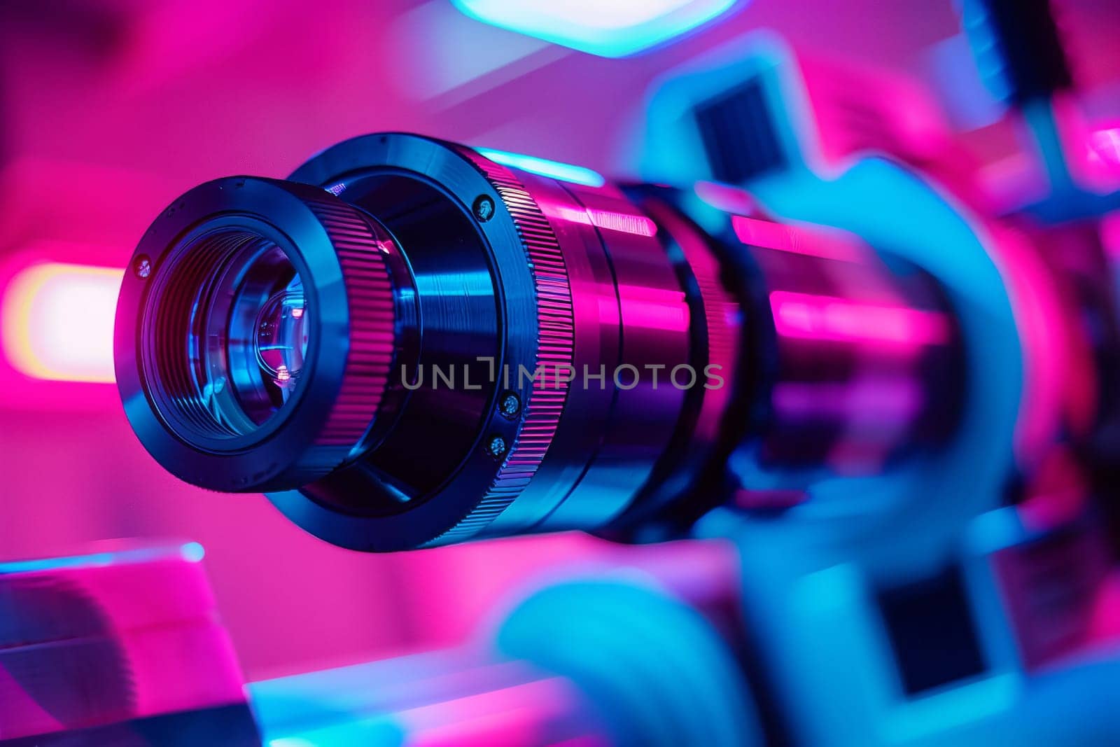Closeup of camera lens with purple and electric blue lights in the background by richwolf