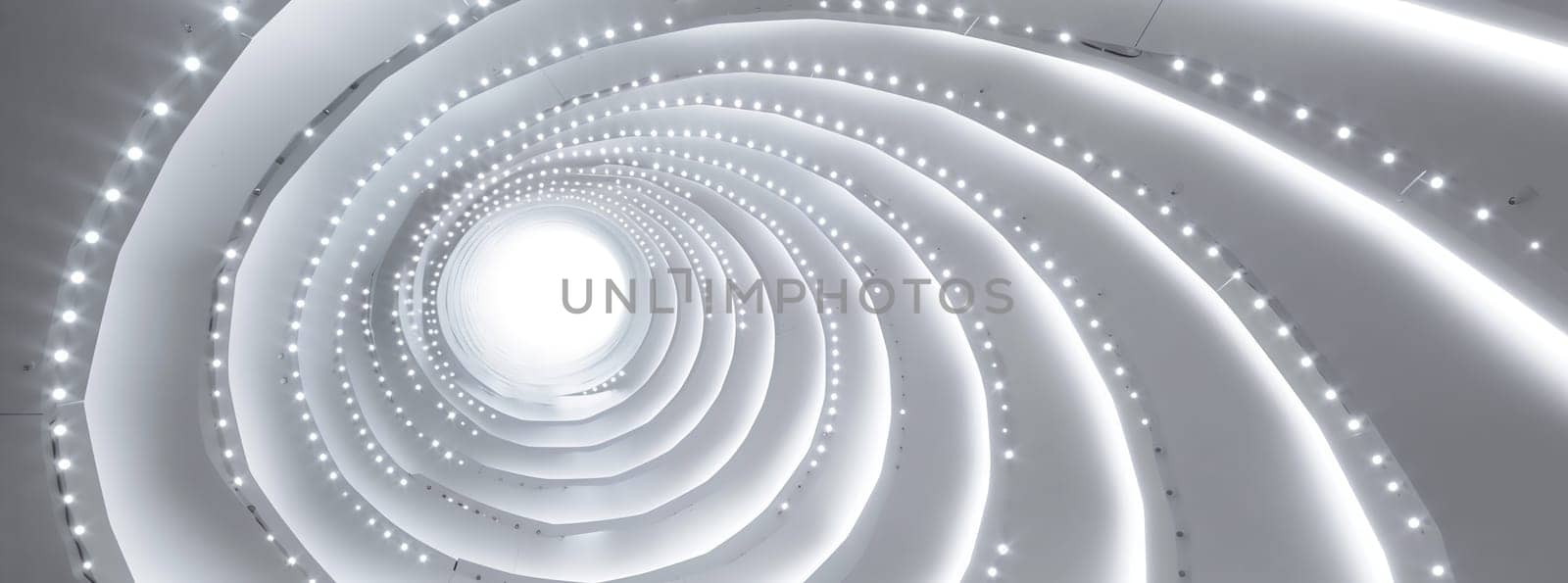 A monochrome macro photograph of a grey automotive tire with a circular pattern resembling a white swirl, creating an artistic landscape closeup with a light at the end of it