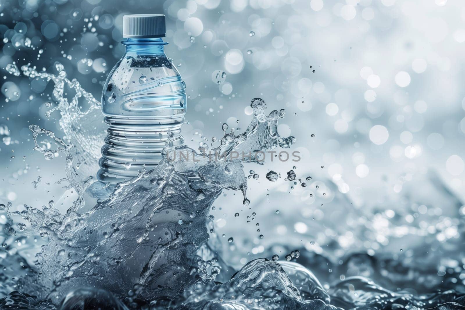 A plastic bottle of mineral water is splashing in the electric blue liquid. It is a refreshing drinkware filled with drinking water