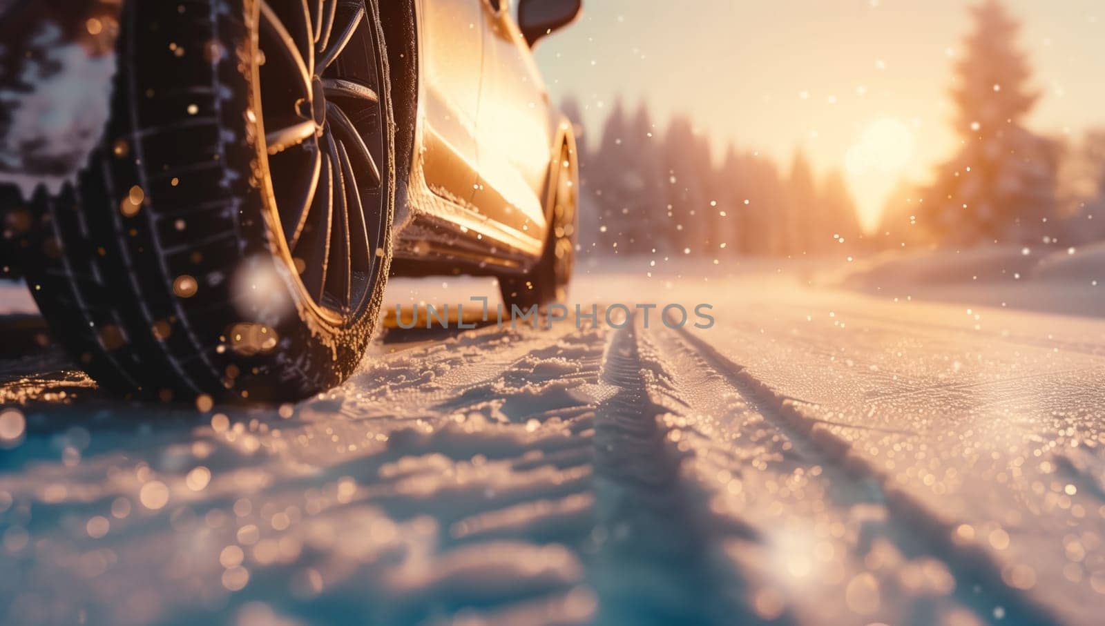 Vehicle with automotive tires driving on snowy road at sunset by richwolf