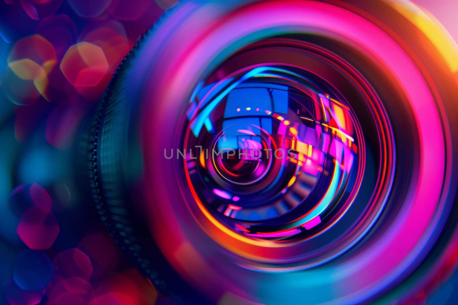 Closeup of a camera lens against a vibrant purple and magenta background by richwolf