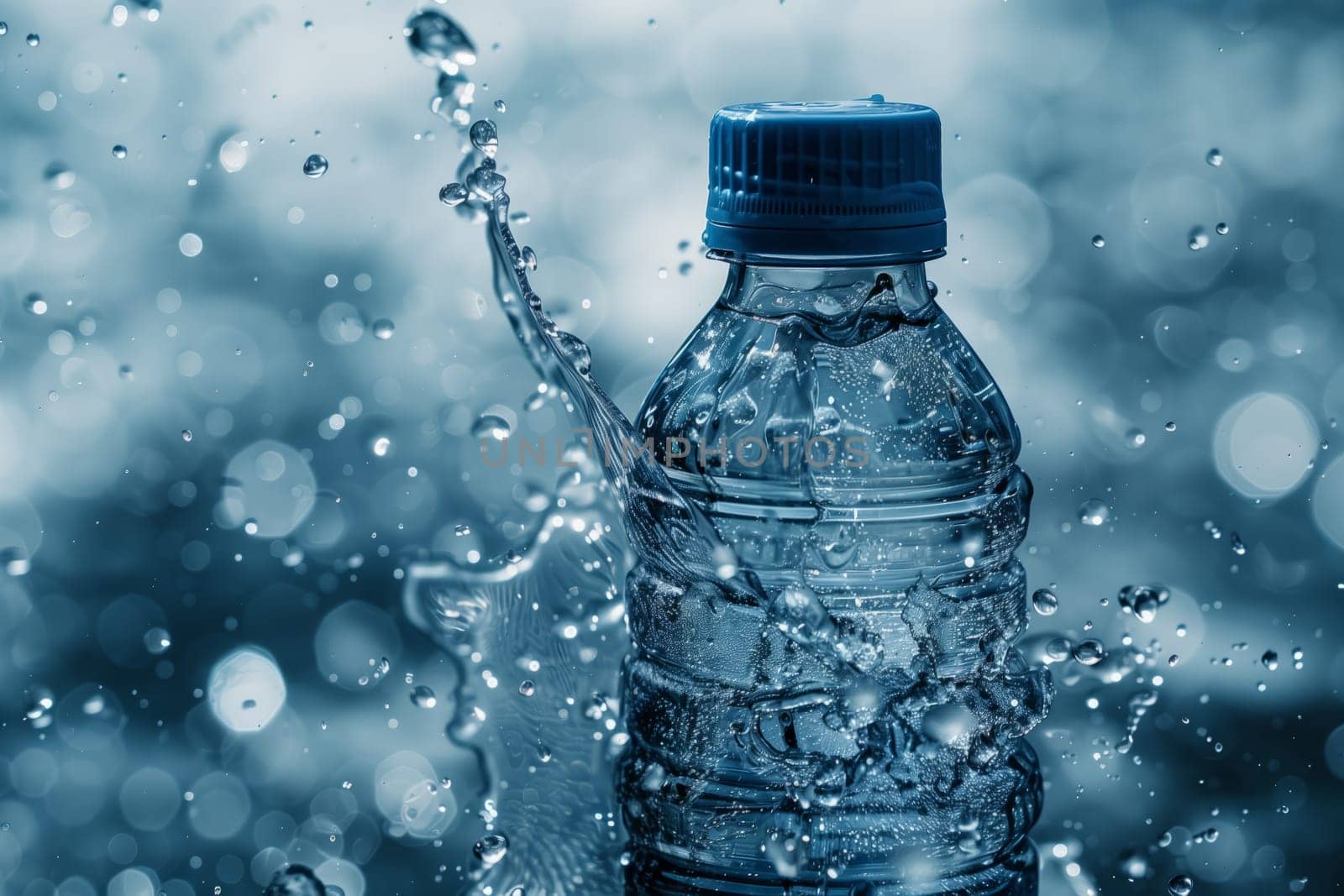 A plastic bottle filled with liquid is soaring through the air, its contents splashing in all directions. The drinkware contains refreshing drinking water, possibly mineral or bottled