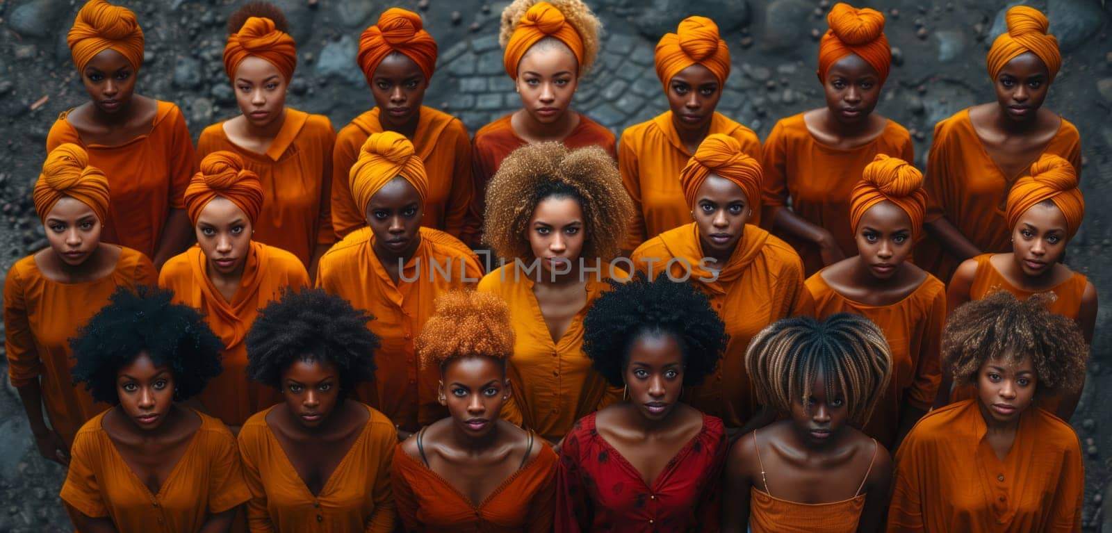 A team of women in orange turbans stand together at a cultural event by richwolf