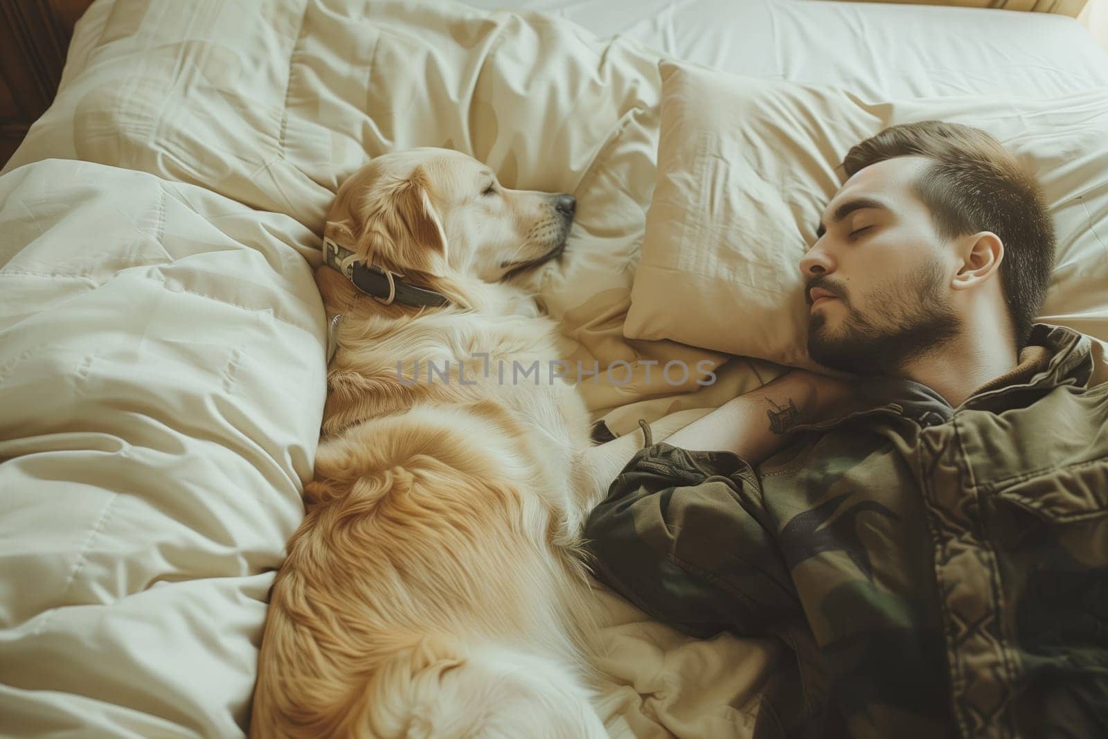 A man and his companion dog are sharing a bed for comfort. The carnivore canine, with fur of its dog breed, serves as both a working animal and a loyal terrestrial companion