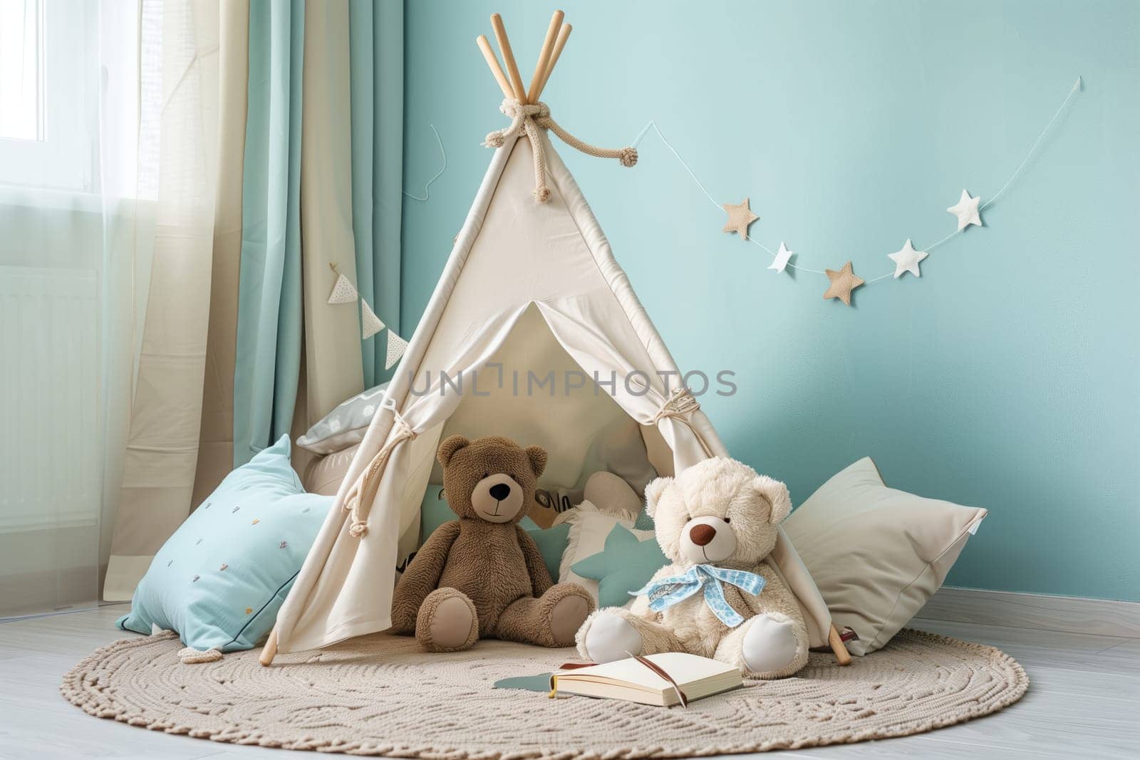 Two teddy bears are nestled inside a teepee in a cozy childs room, adding a touch of comfort and playfulness to the interior design of the bedroom