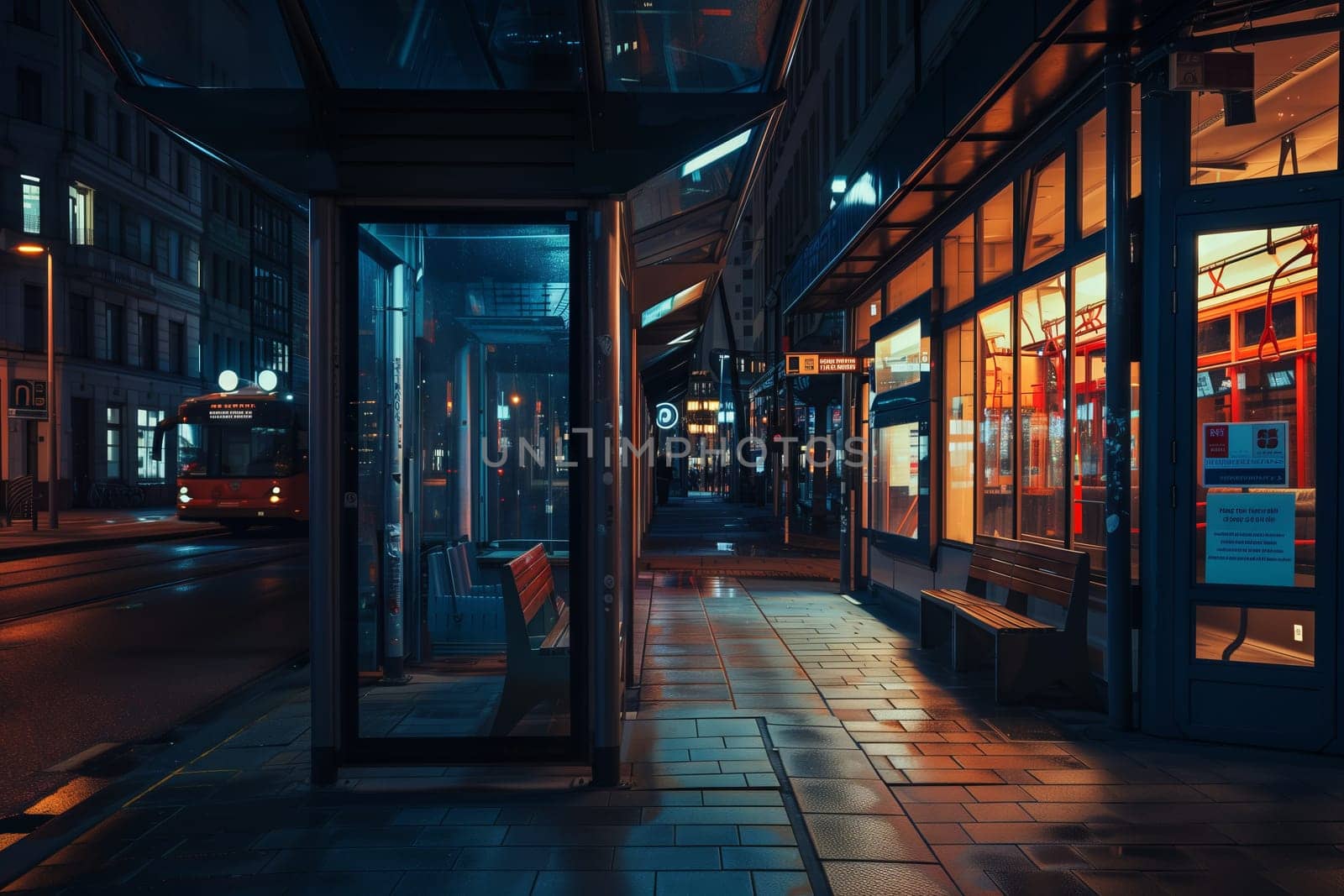 In the darkness of the city night, a bus stop with a phone booth stands in symmetry on the street. The electric blue tints and shades reflect off the glass facade of the building