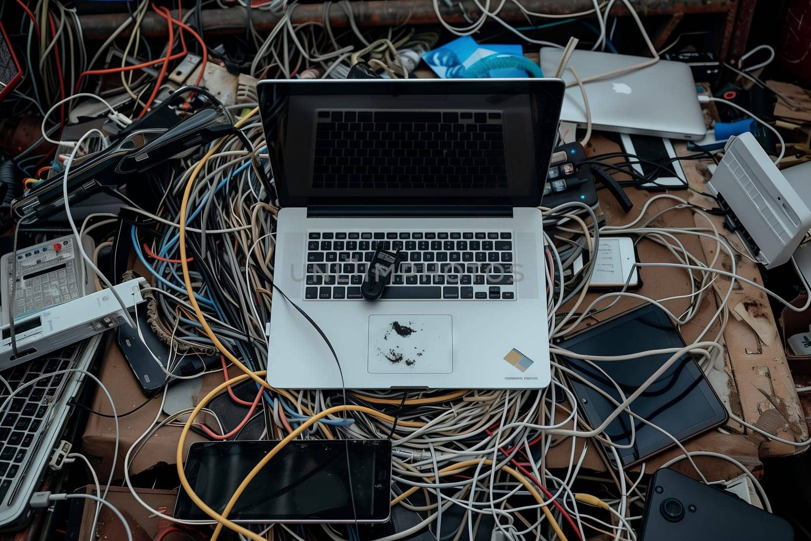 A personal computer is placed on a cluttered desk, surrounded by electrical wiring, circuit components, and audio equipment