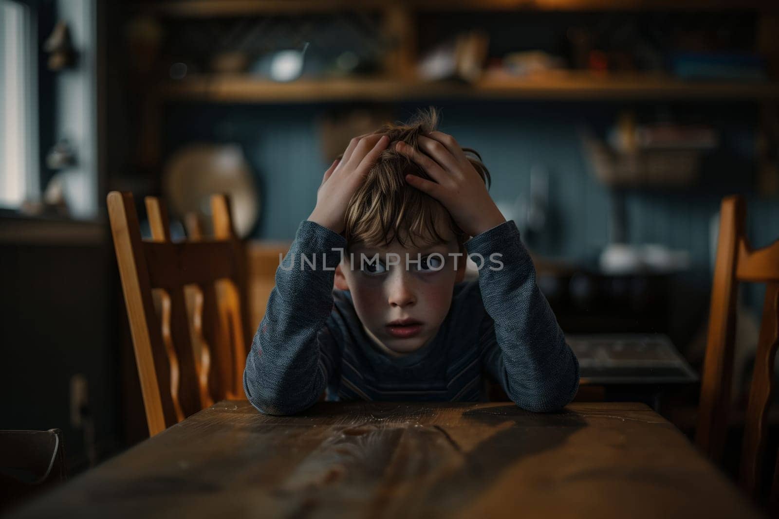 The young boy is sitting at a hardwood table with his hands resting on his head in a dark room. He looks like hes having fun playing a PC game