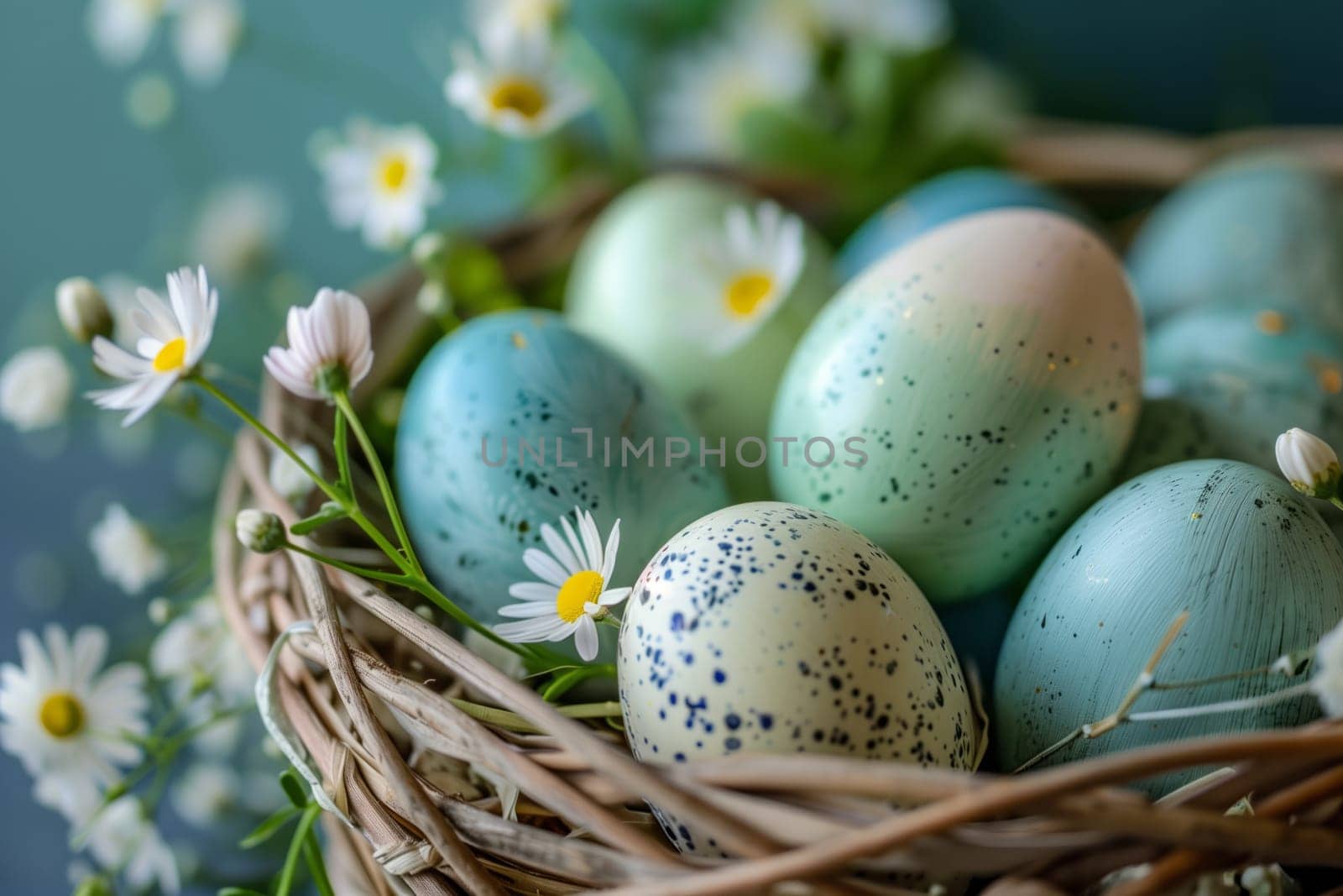 A lovely arrangement of Easter eggs and daisies in a basket, placed on a table as a beautiful centerpiece