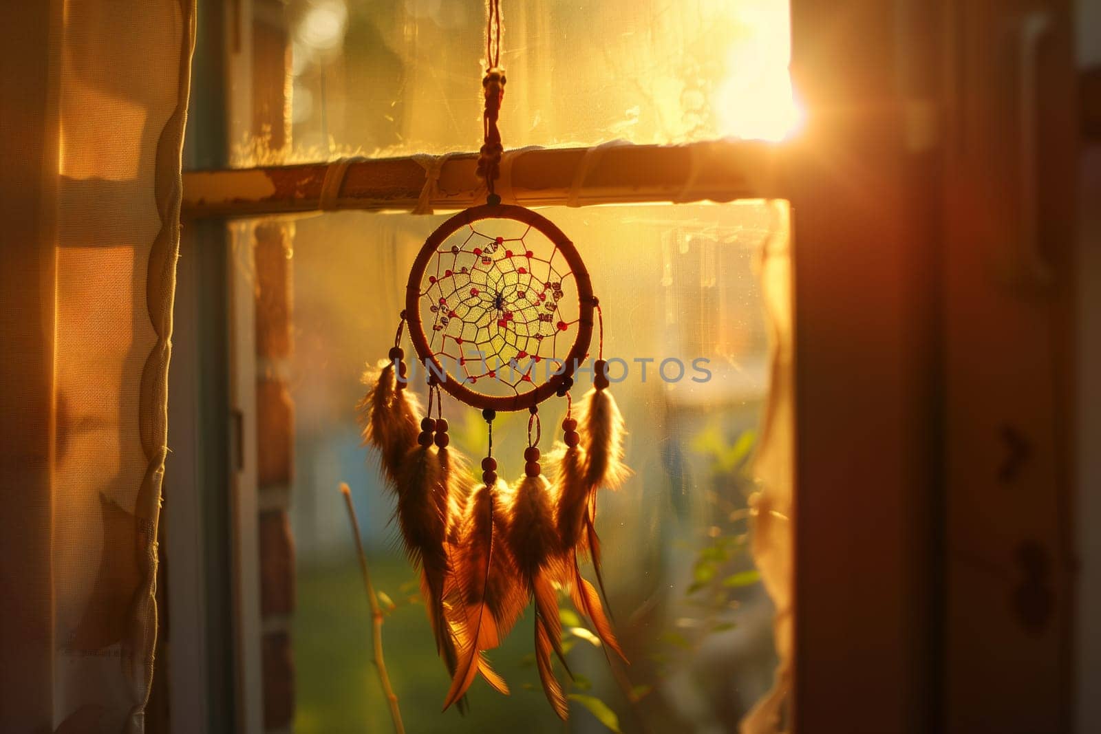 An Amber dream catcher made of Wood and Metal, with Glass tints and shades hanging from a ceiling light fixture. The sunlight shines through the Circle creating an artistic Font display