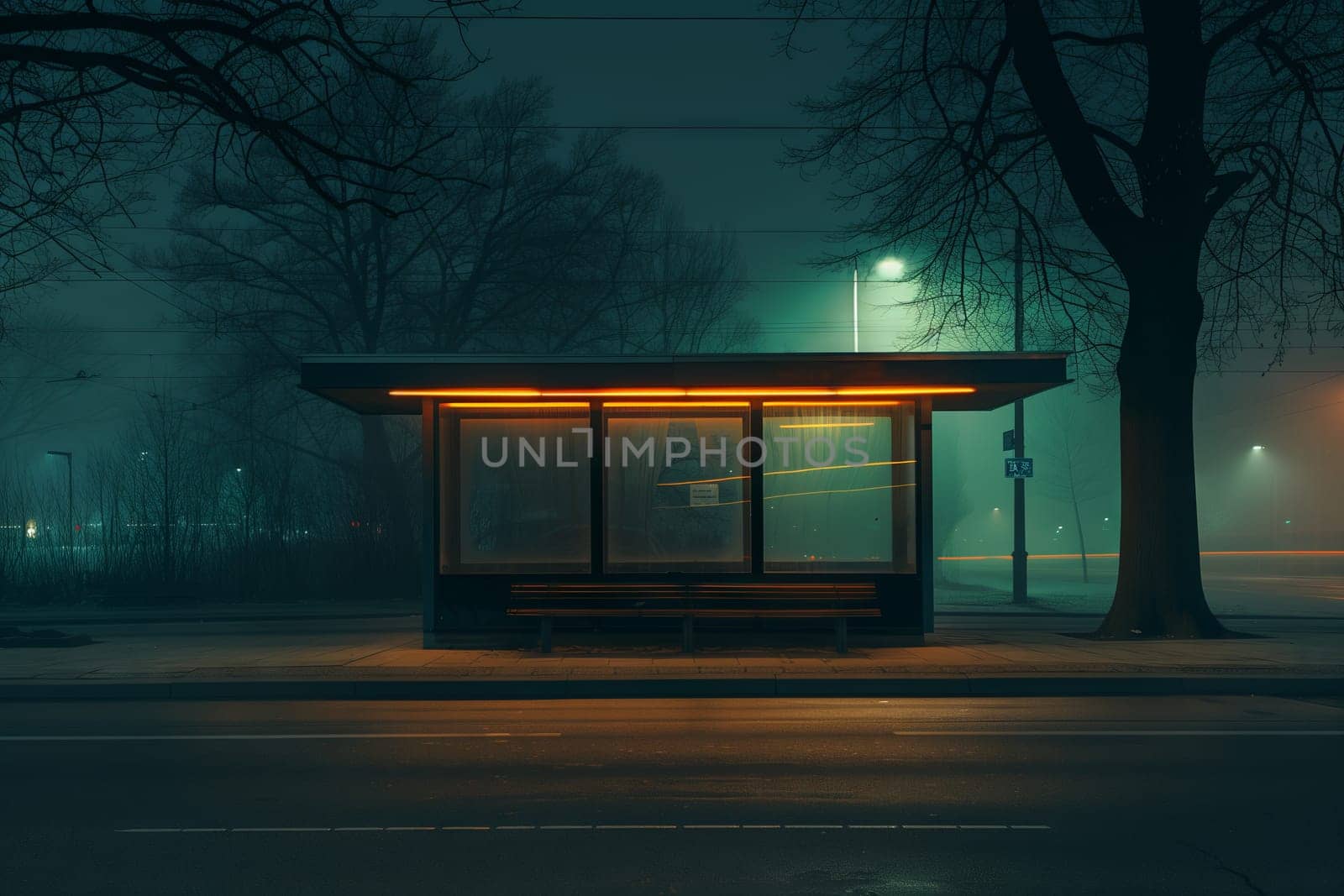 a bus stop in the middle of a foggy street at night by richwolf