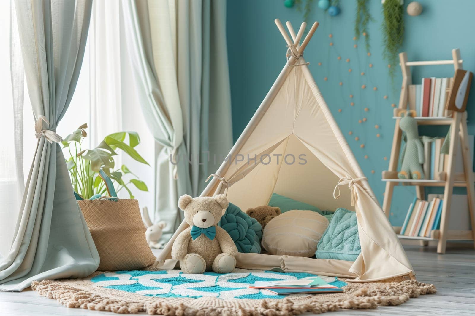 In an Azurecolored room with wooden interior design, a teepee stands with a teddy bear inside, surrounded by plants and curtains for comfort and leisure