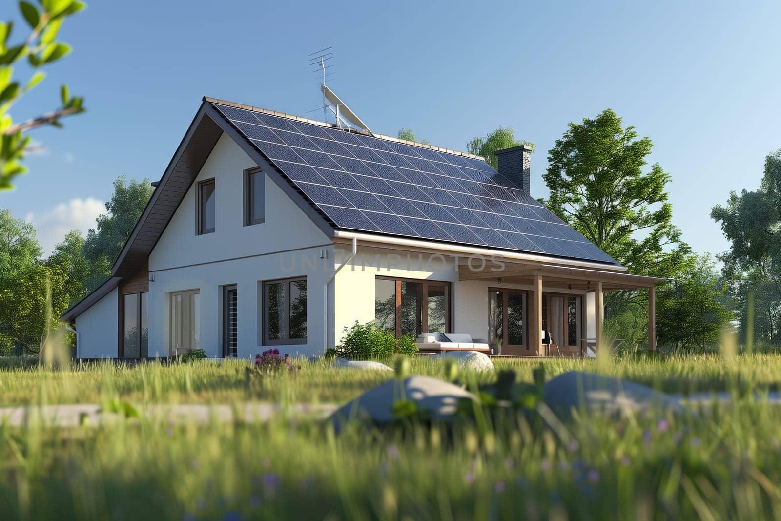 A House with solar panels is surrounded by grass and trees under a clear sky by richwolf