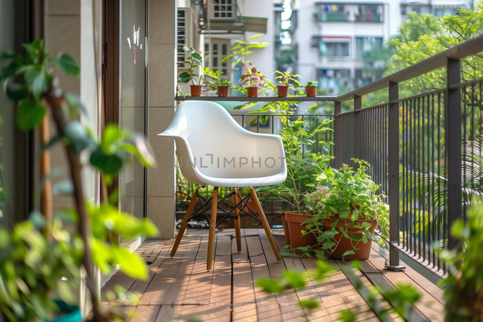 A white chair is placed on a balcony filled with potted plants, creating a serene outdoor space with a touch of interior design