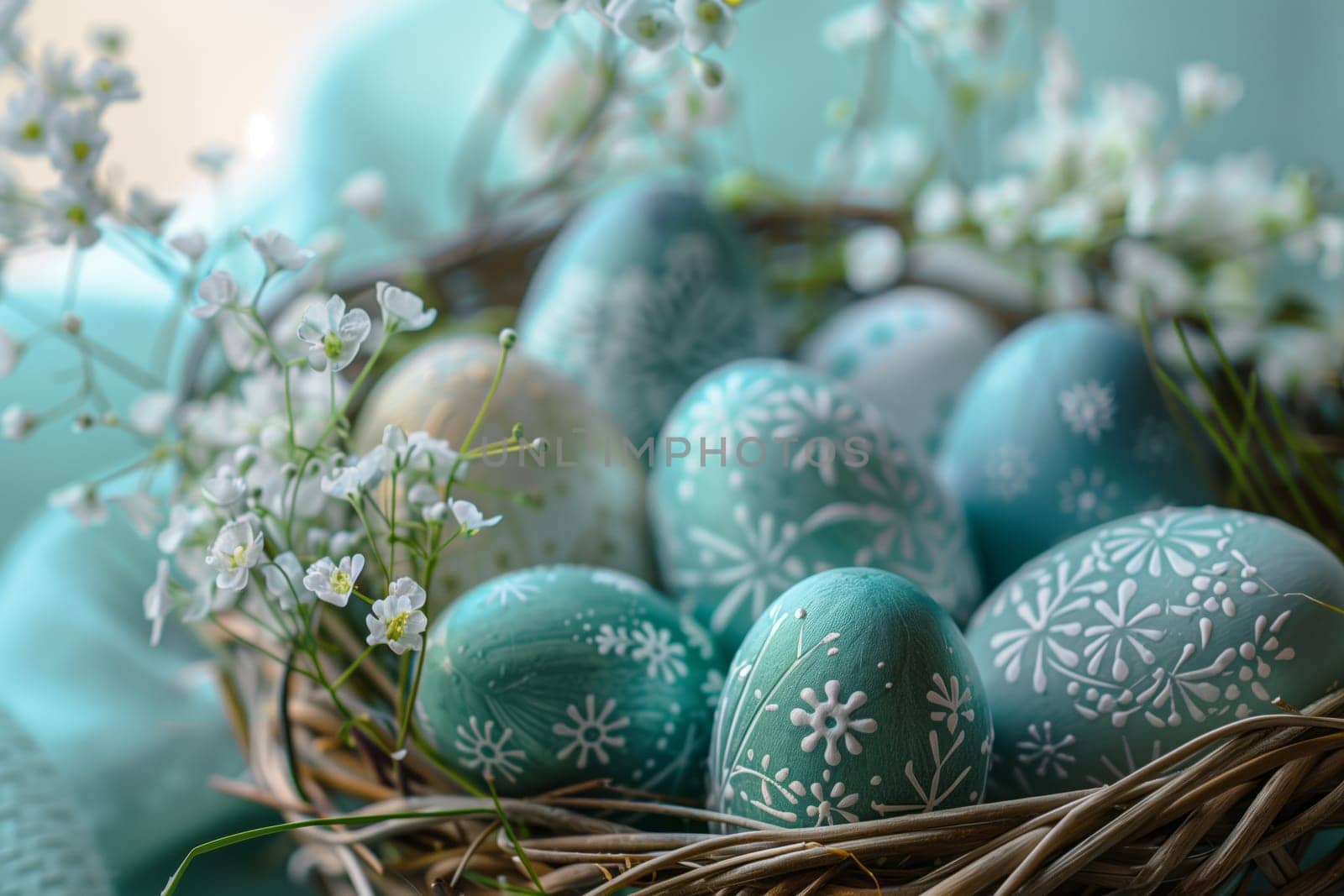 A basket crafted with twigs and filled with ovalshaped blue and white Easter eggs, babys breath, and fresh green grass for a creative arts event