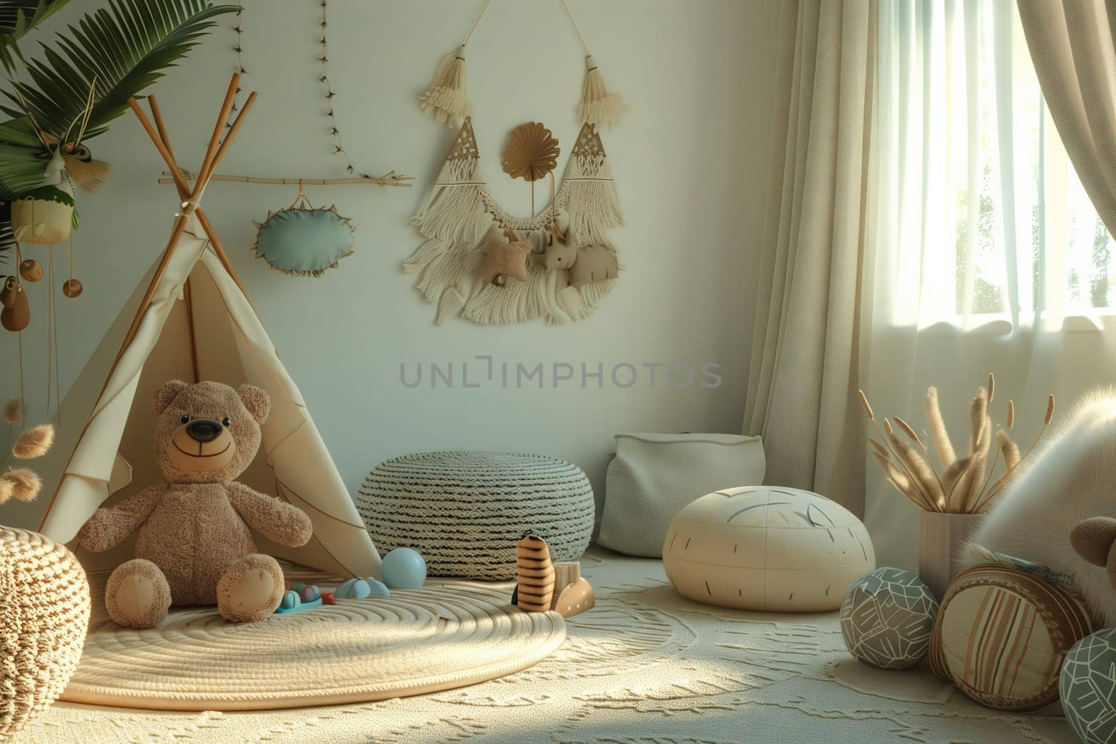 A teddy bear sits inside a wooden teepee in a childs room, creating a cozy and playful still life photography scene with a curtain, window, and table in the background